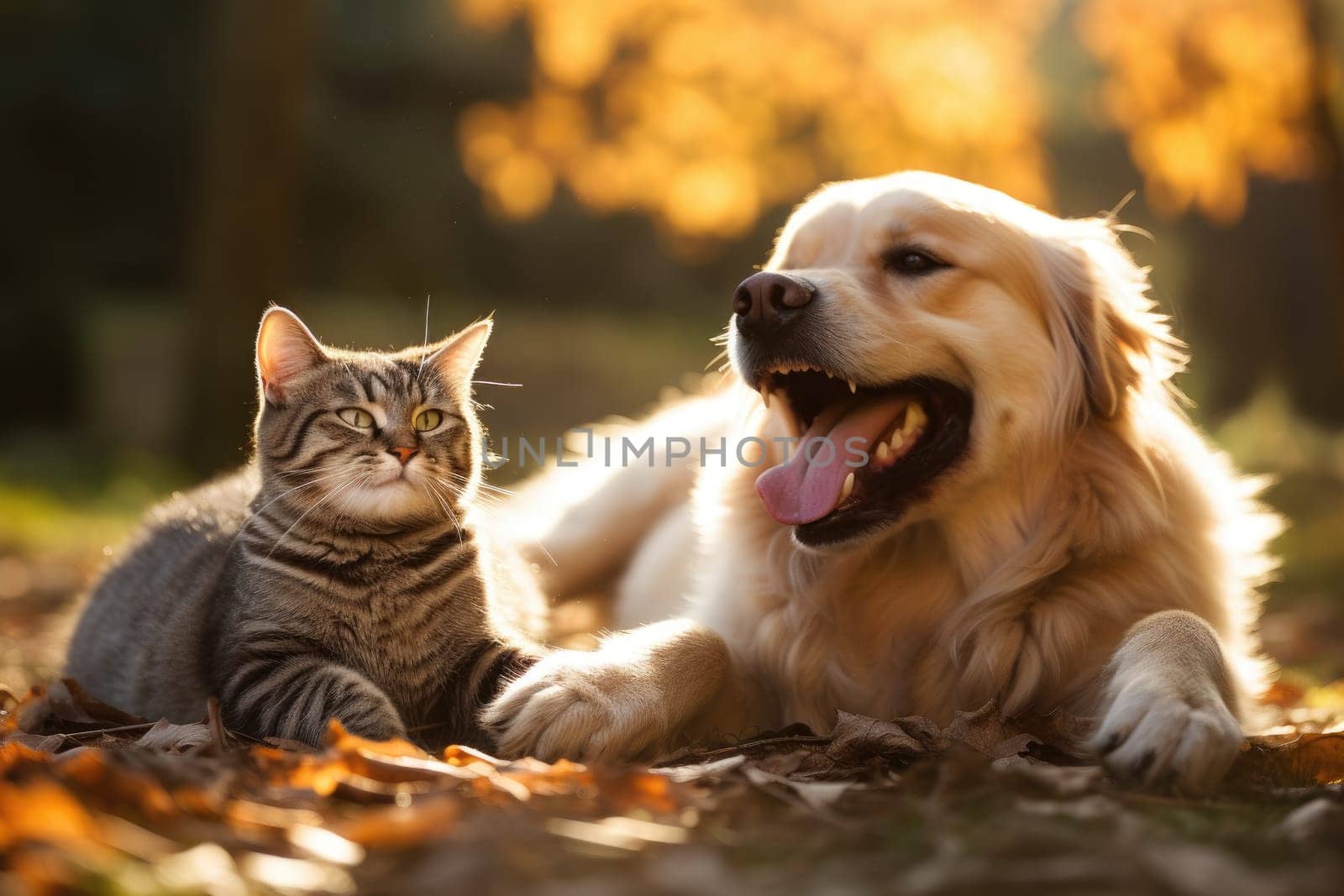 Close up cat and dog together lying, AI Generative.