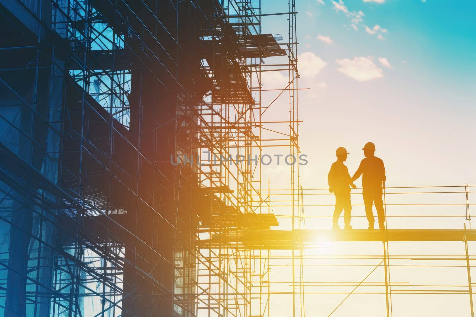 Silhouette of construction workers on the construction site at sunset.