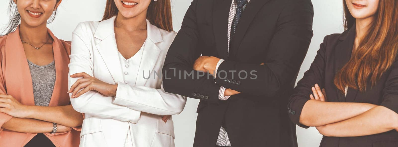Businesswomen and businessman standing in row in office. Corporate business and teamwork concept. uds