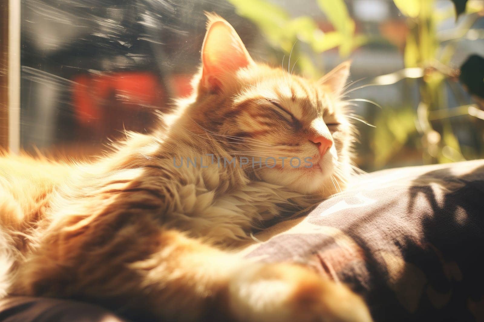 Portrait Of A lazy cat lying down in the sunny, napping and dreaming, AI Generative by nijieimu