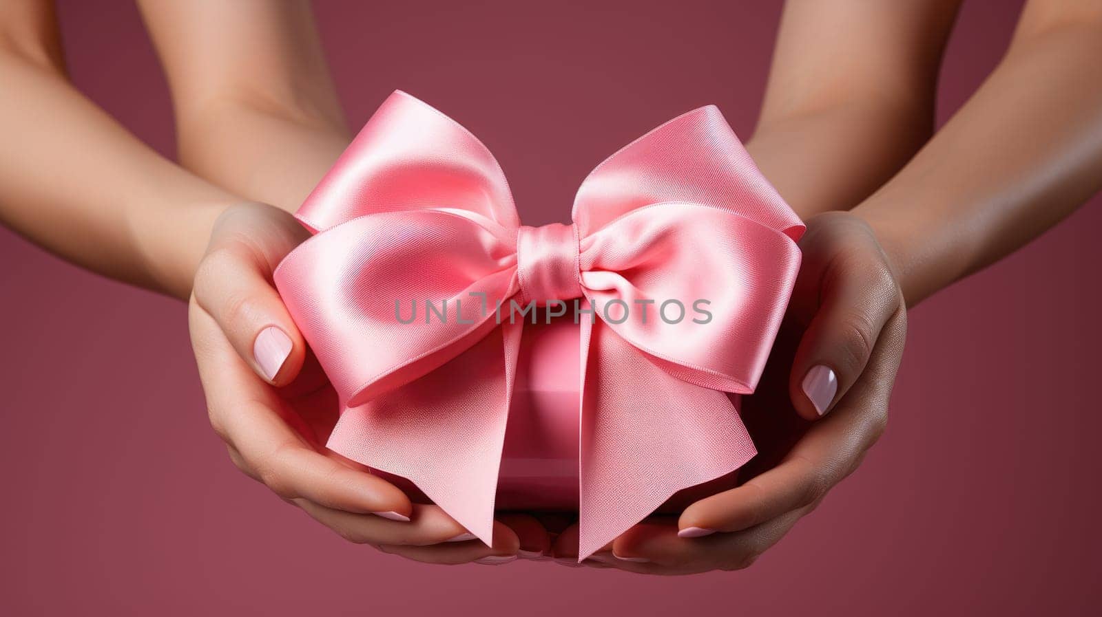 World Cancer Day, breast cancer awareness, Hands catching a pink bow on a pink background, AI Generative.