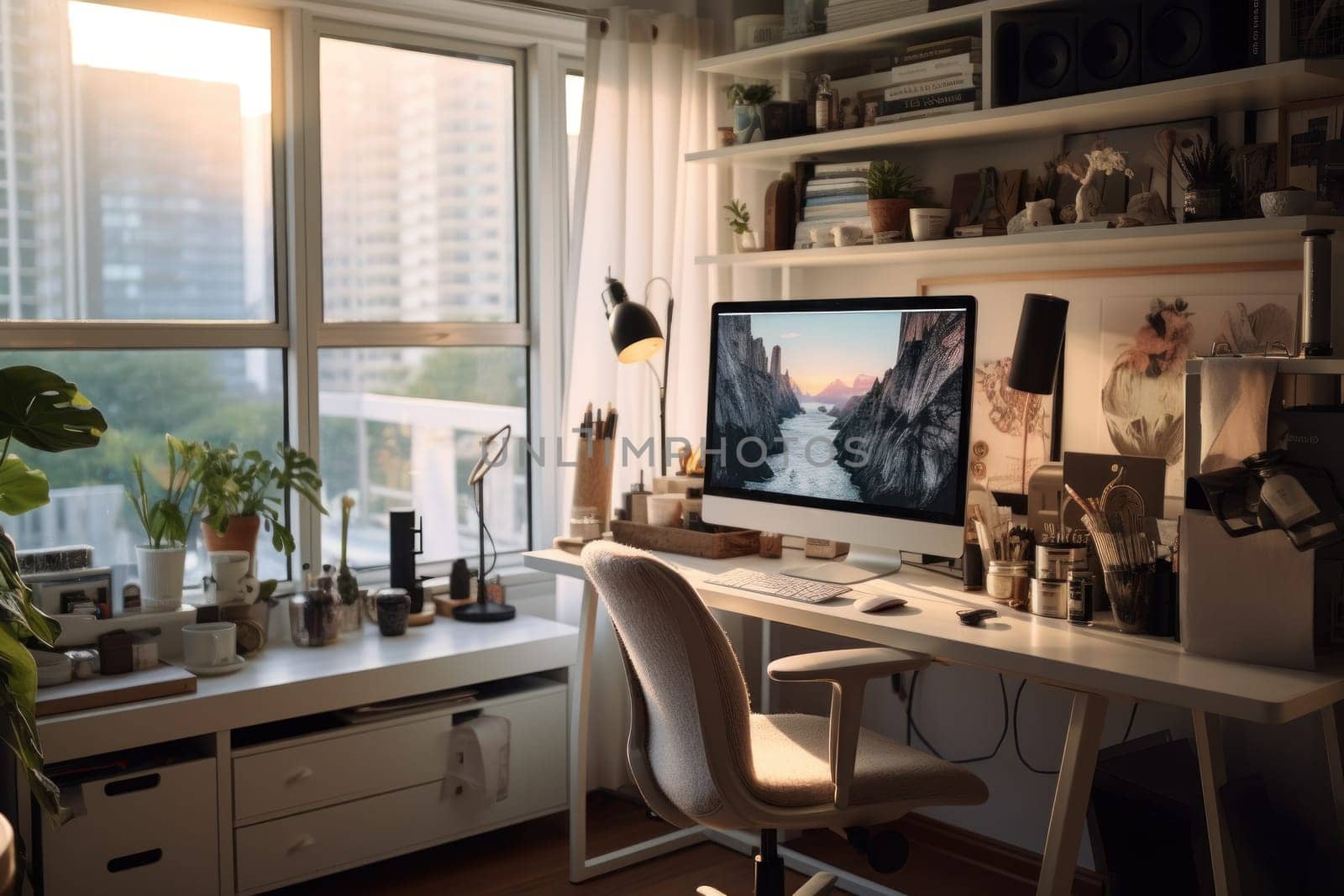 A modern work space desk with a computer Generative AI.
