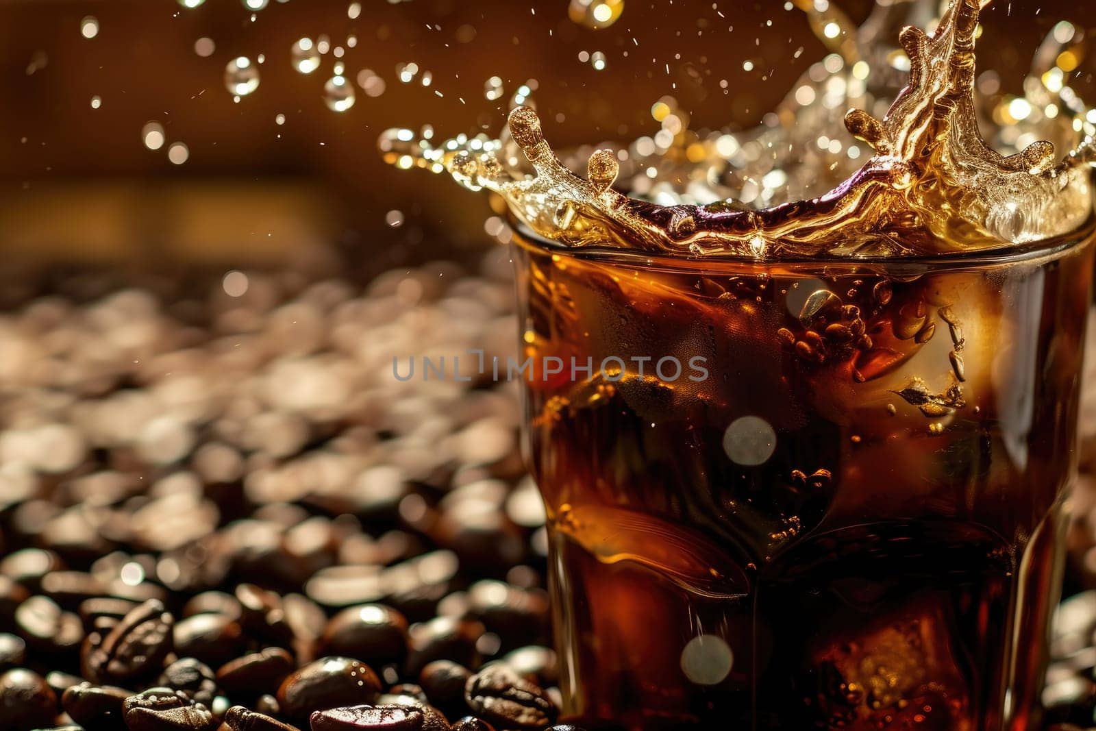 Cold coffee drink with ice, Beans and splash, Close up banner.