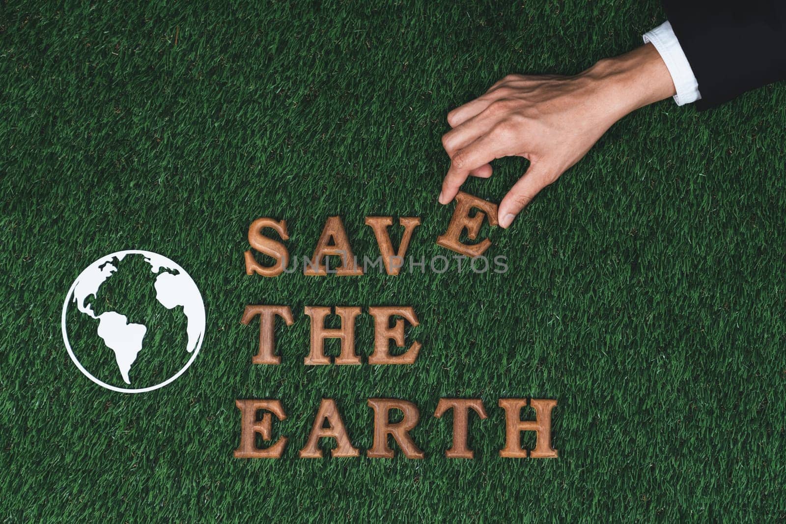 Eco awareness campaign for Earth day concept showcase message arranged in Save Earth on biophilic green background. Environmental social governance concept idea for sustainable and greener future.Gyre