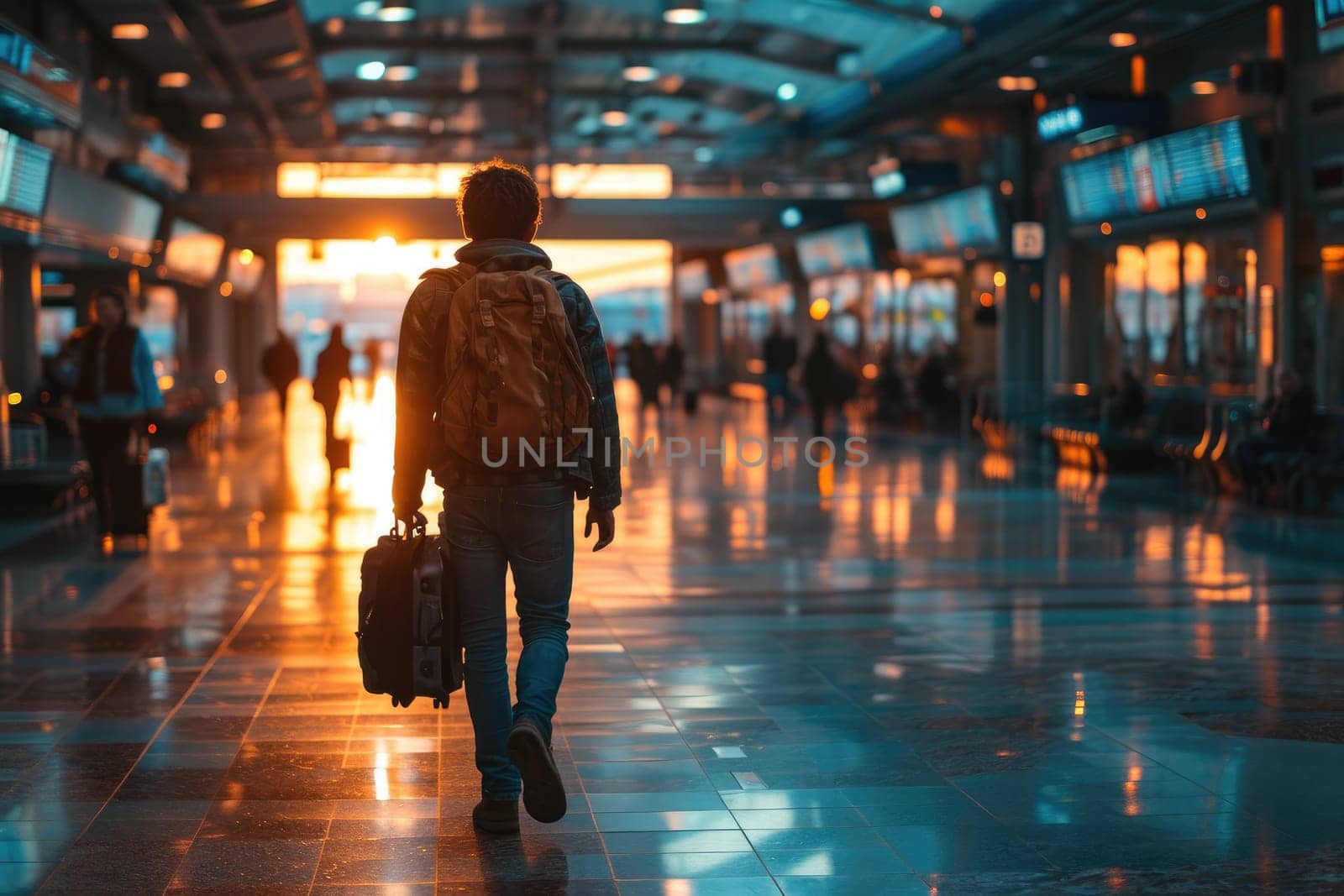 Traveling by airplane. Man walking with backpack and suitcase walking through airport terminal.