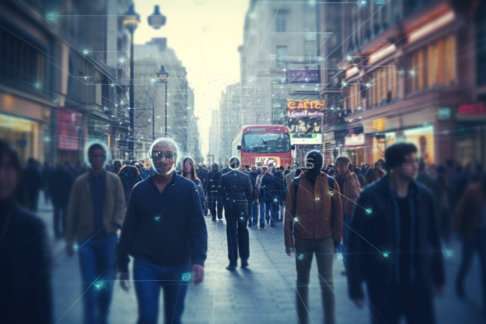 Surveillance camera of a crowd of people walking along busy city streets, AI generative.