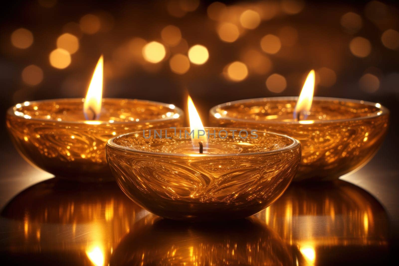 Happy Diwali poster or banner design with illuminated oil lamps on blurred lighting background.