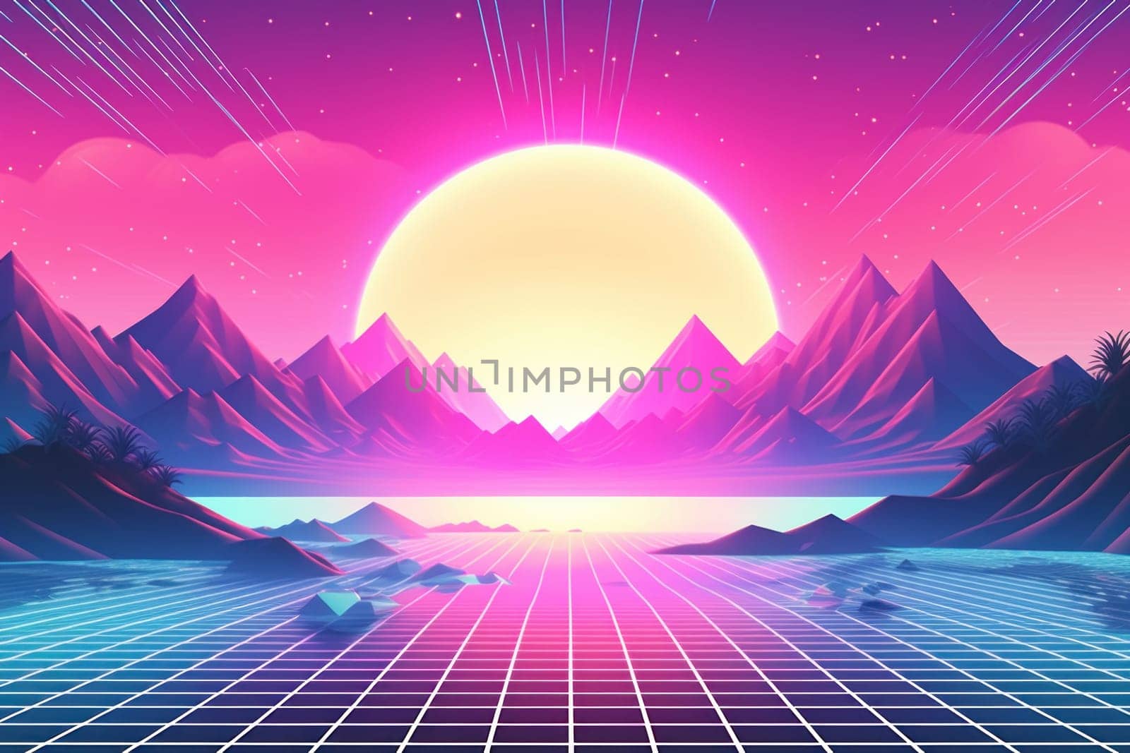 Retro Wave Music Festival Aesthetic scenery background, Retro futuristic 90s Style background.
