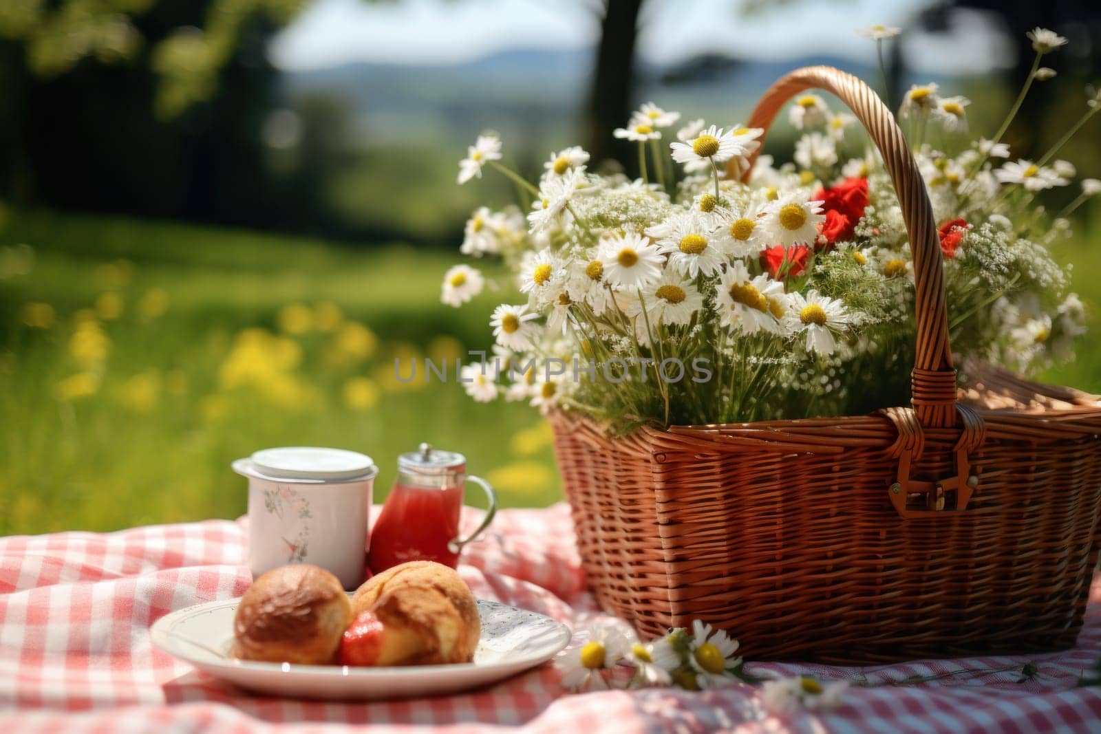 Photo of Picnic set with flowers in the garden countryside.