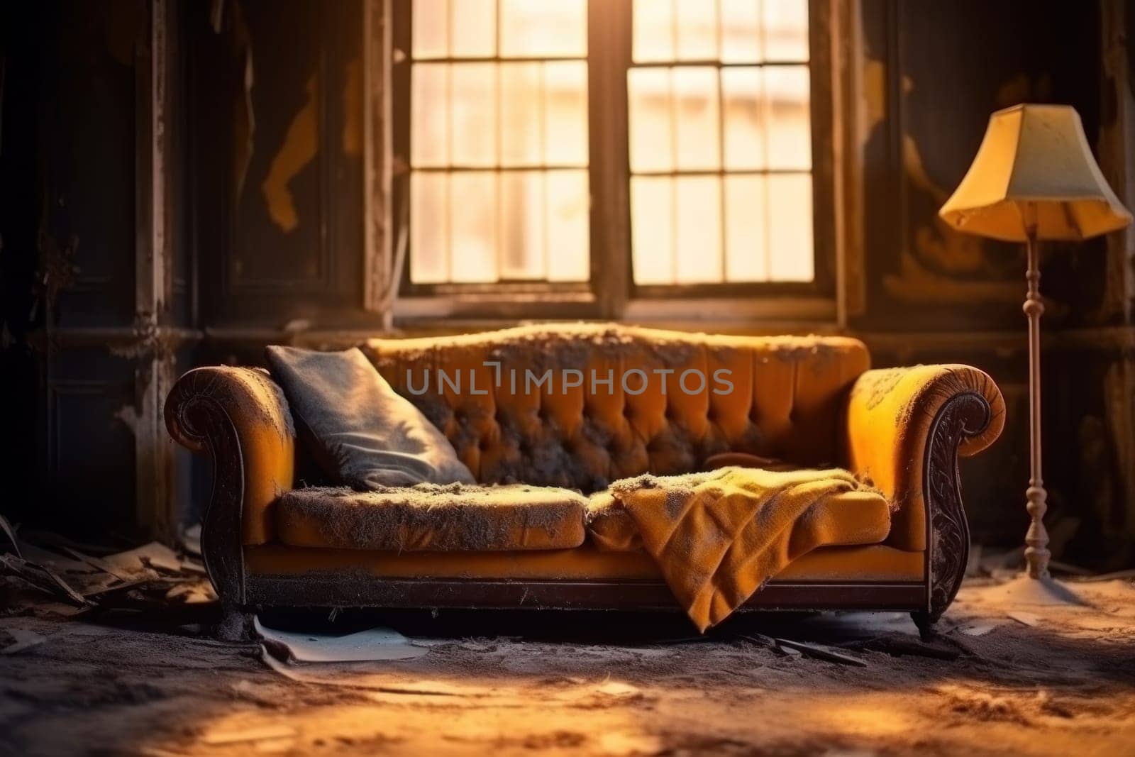 Photo of a Old sofa in an abandoned building, Interior of abandoned.