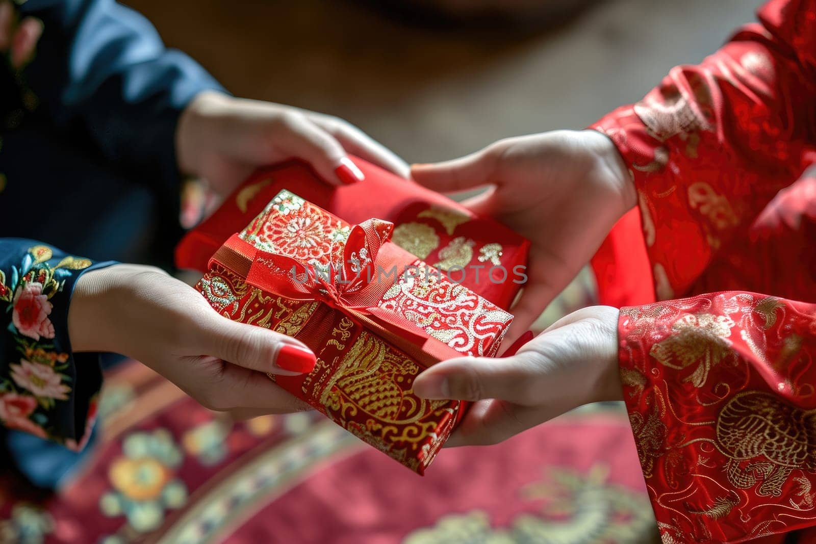 Chinese new year celebration, Cropped shot of hand receiving red envelopes from their parent.