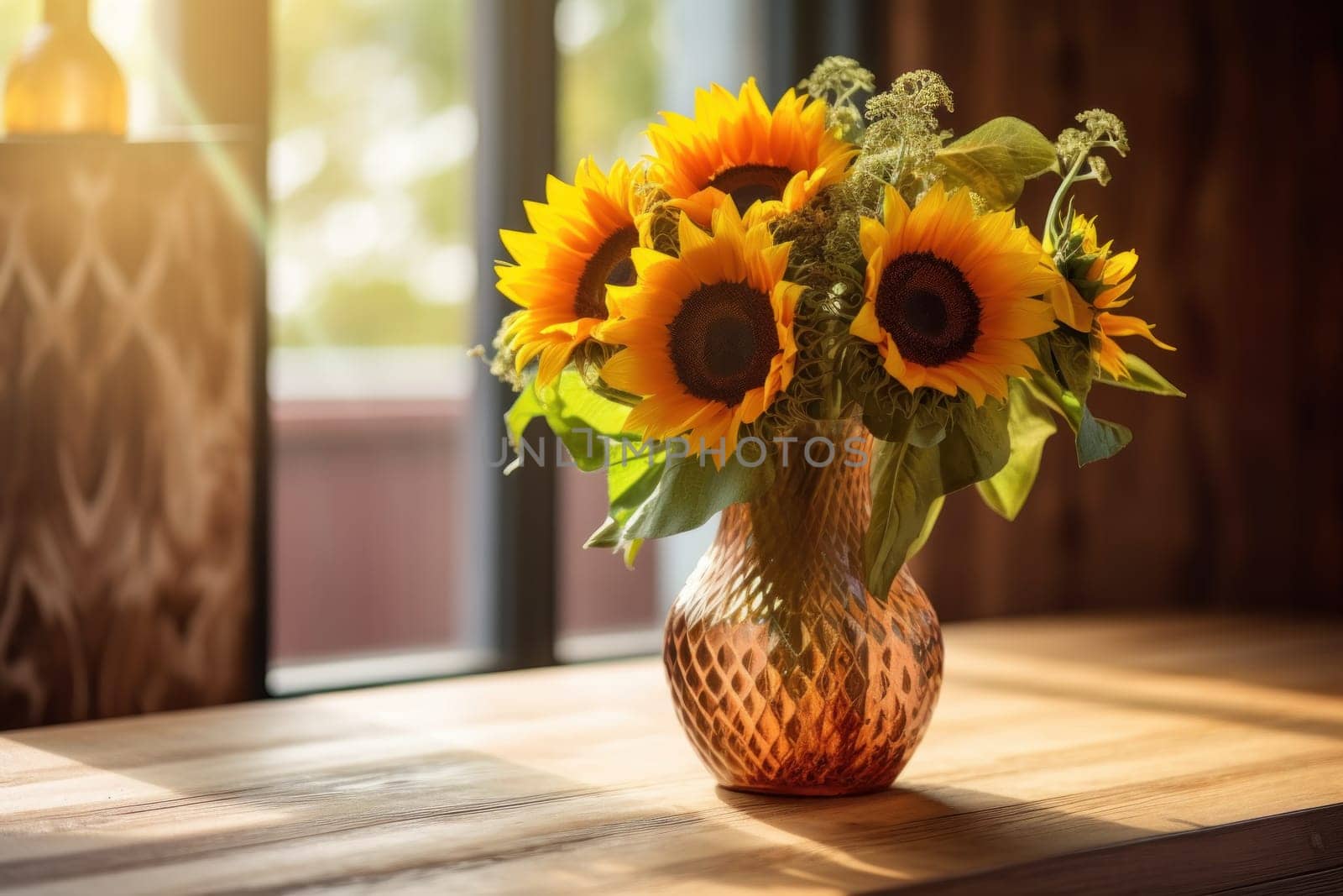 A rustic wooden table with a bouquet of vibrant sunflowers placed in a glass.