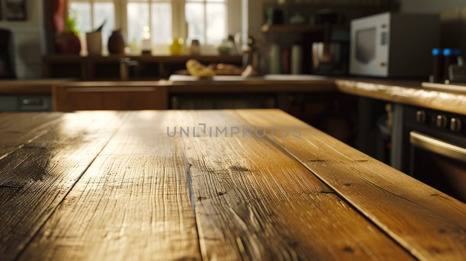 Empty table in modern kitchen interior, Empty wooden counter table top for product display.