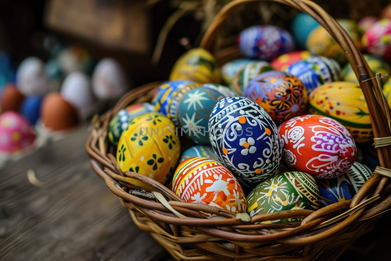 Colorful Easter eggs in basket, Easter background with copy space, Happy Easter day.