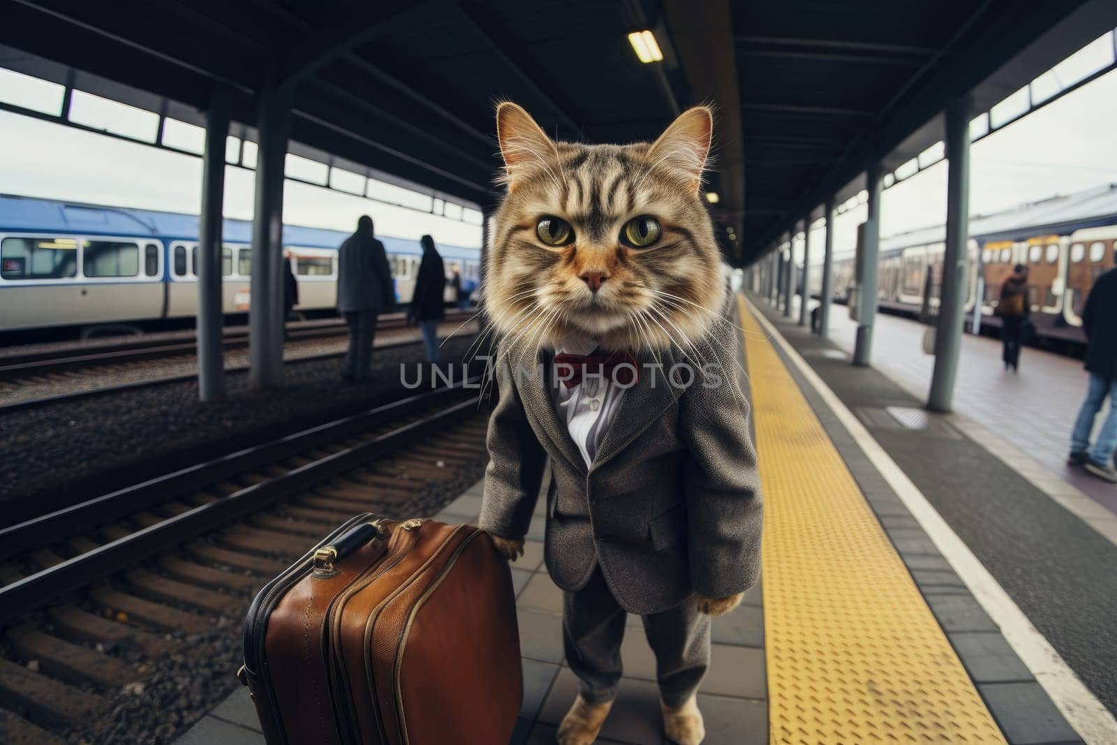 Funny cat going on vacation, cat travel concept, AI Generative.