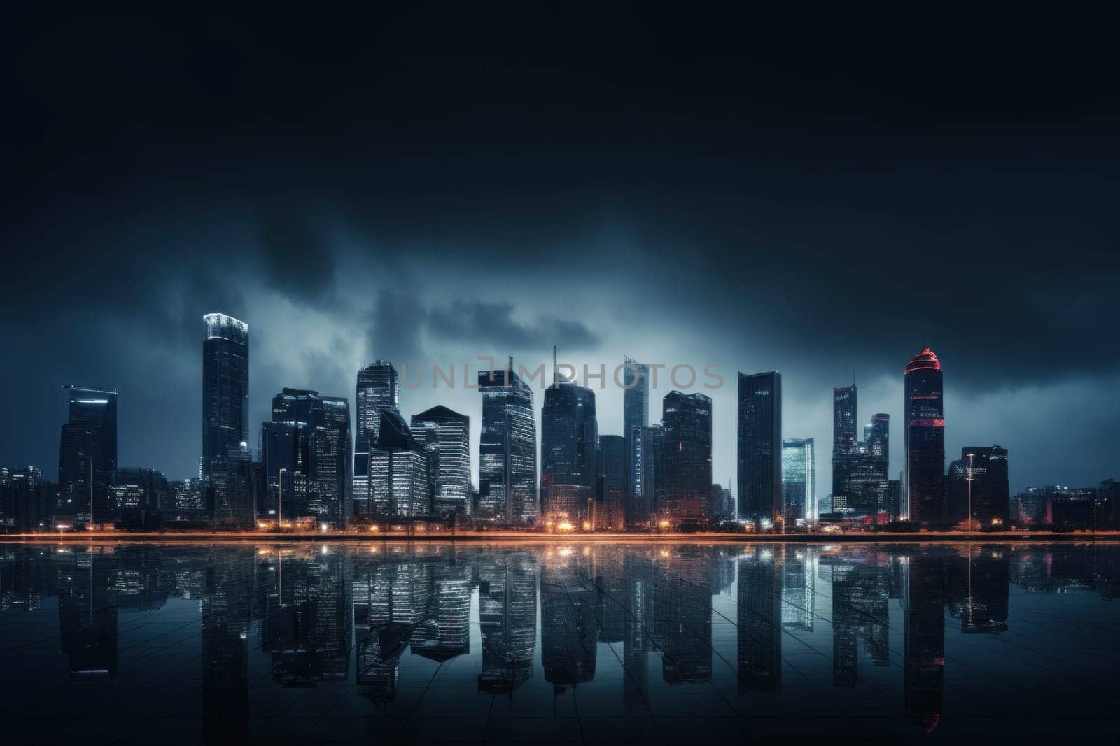 photograph of a cityscape nightlight skyline.
