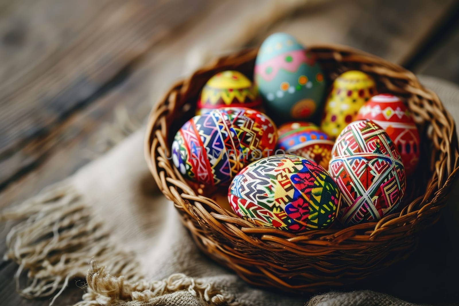 Colorful Easter eggs in basket, Easter background with copy space, Happy Easter day.