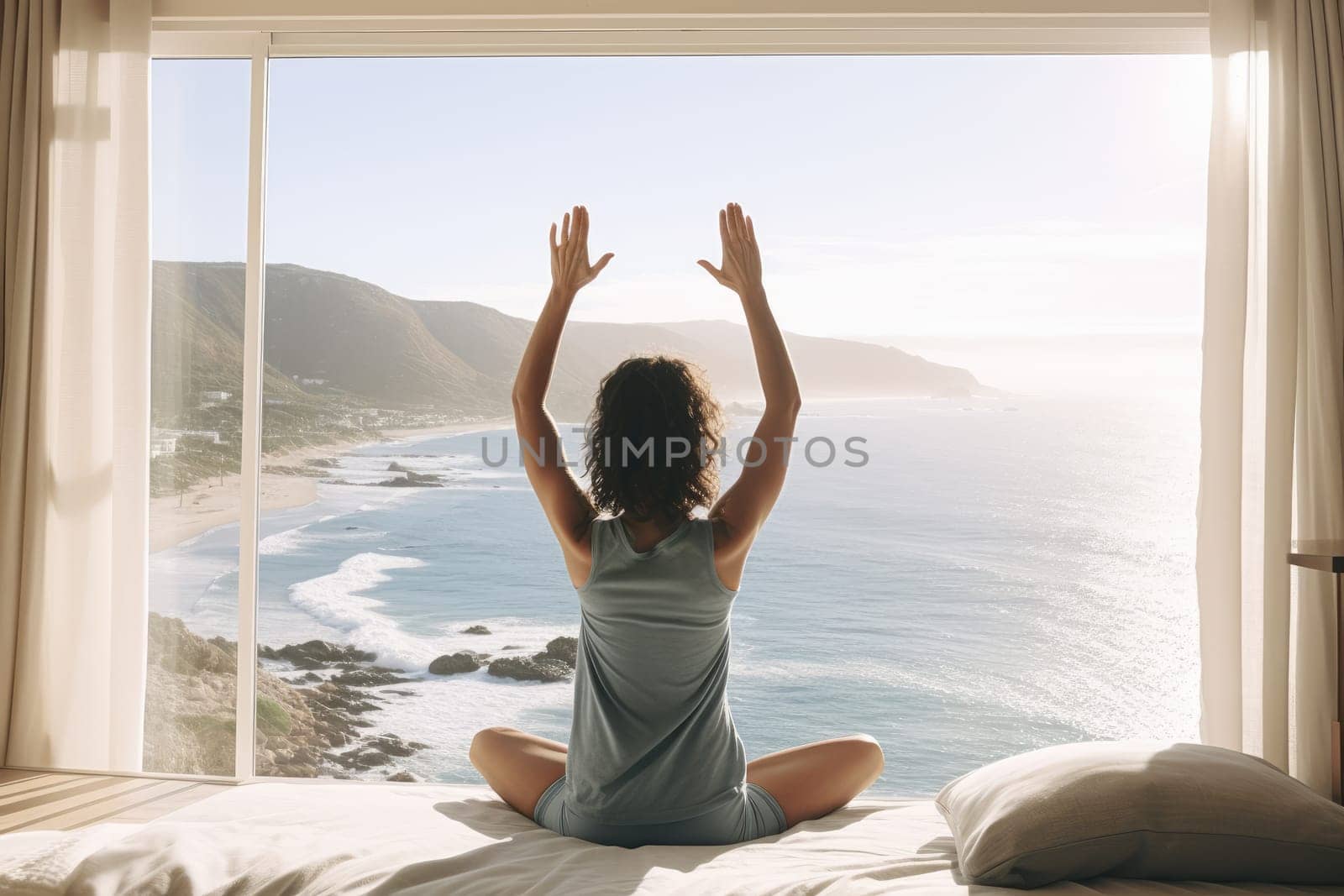 Back view of woman raised her arms for stretching in bed after wake up in the morning AI Generative.