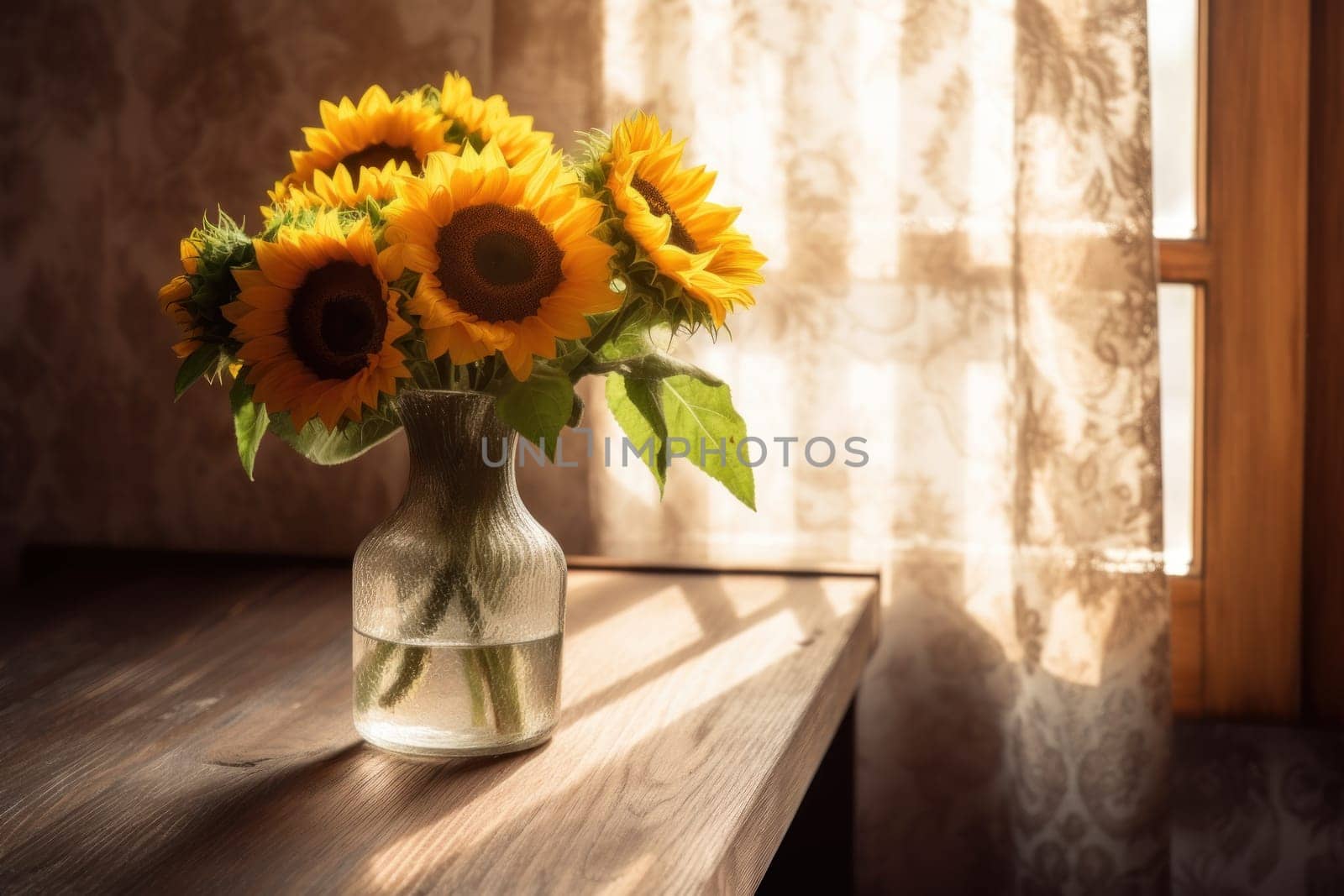 A rustic wooden table with a bouquet of vibrant sunflowers placed in a glass.