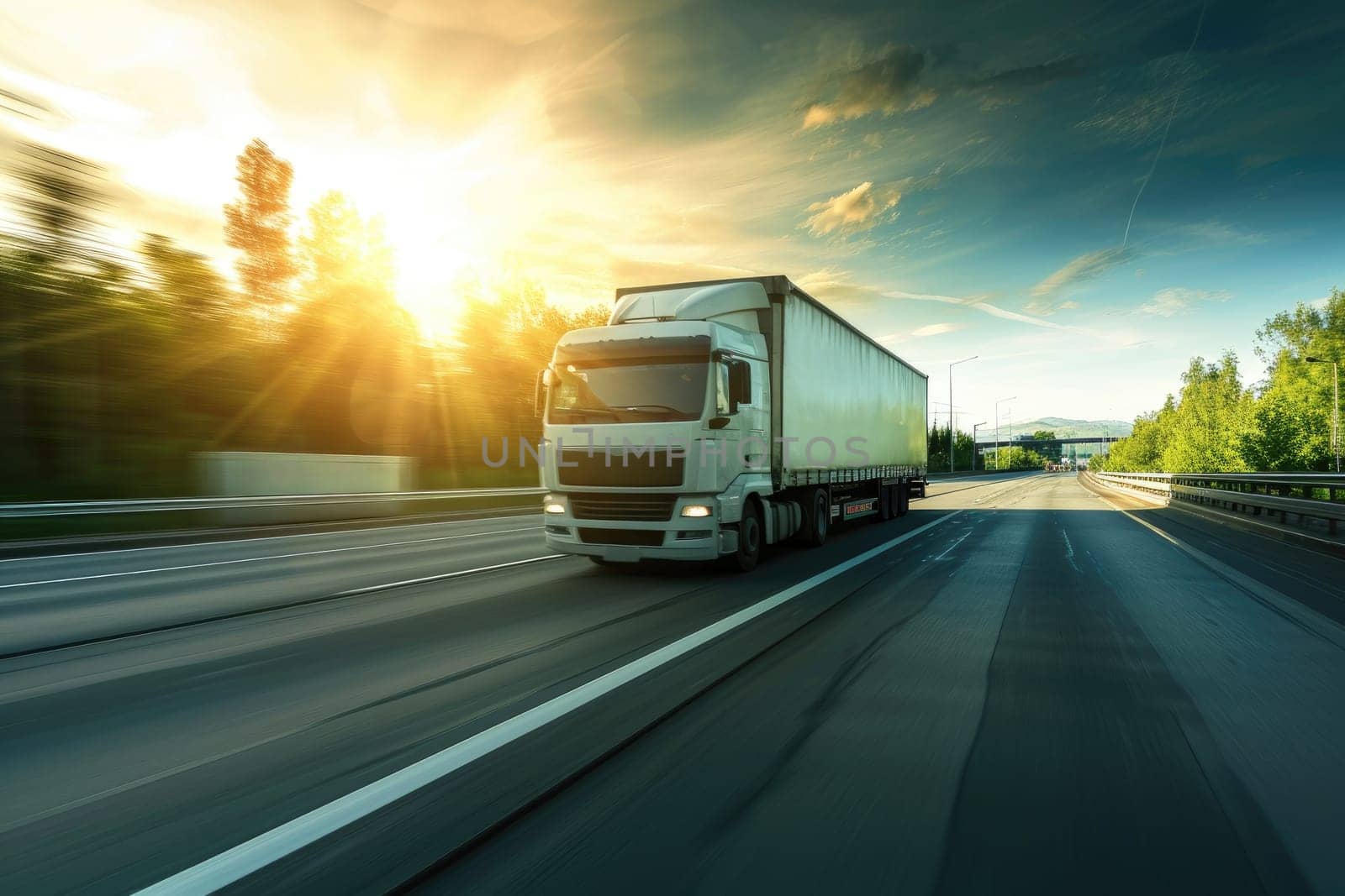 Truck with container on highway, cargo transportation concept. Fast delivery, blurred motion.