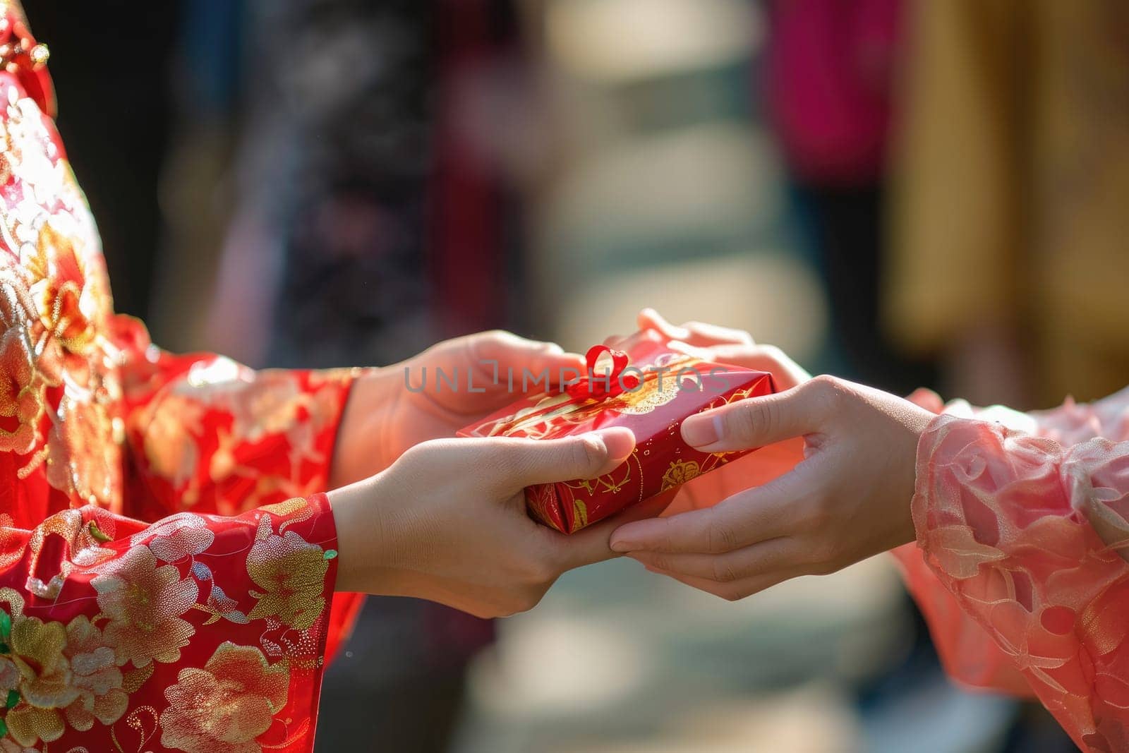 Chinese new year celebration, Cropped shot of hand receiving red envelopes from their parent.