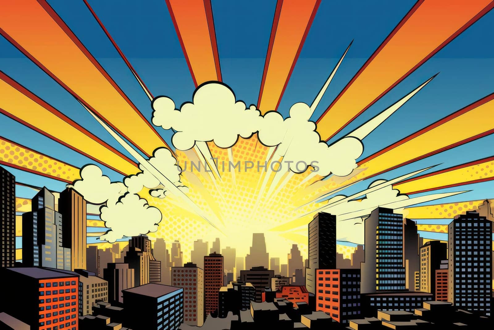 comic retro pop art style sunrise in the city.