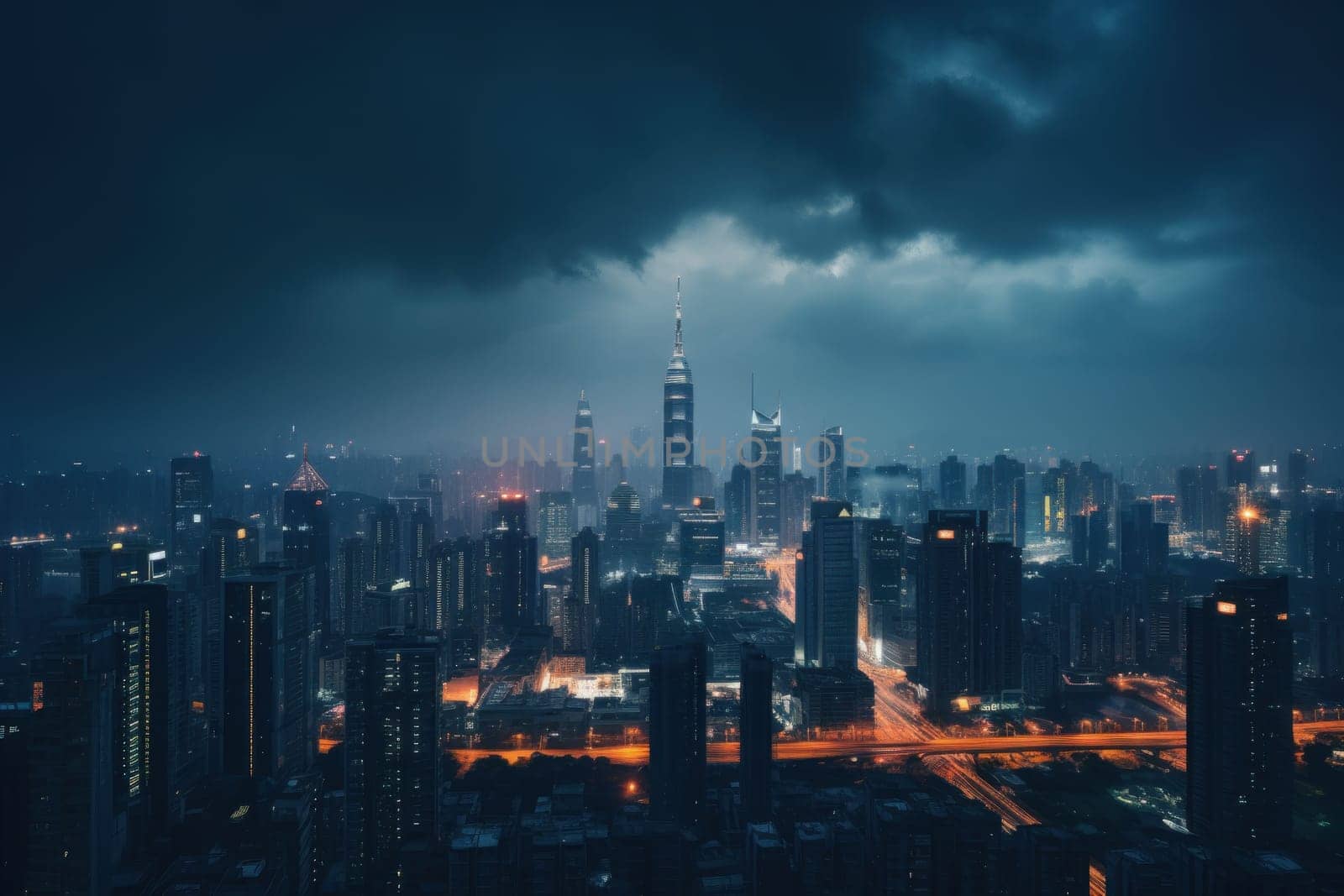 photograph of a cityscape nightlight skyline.