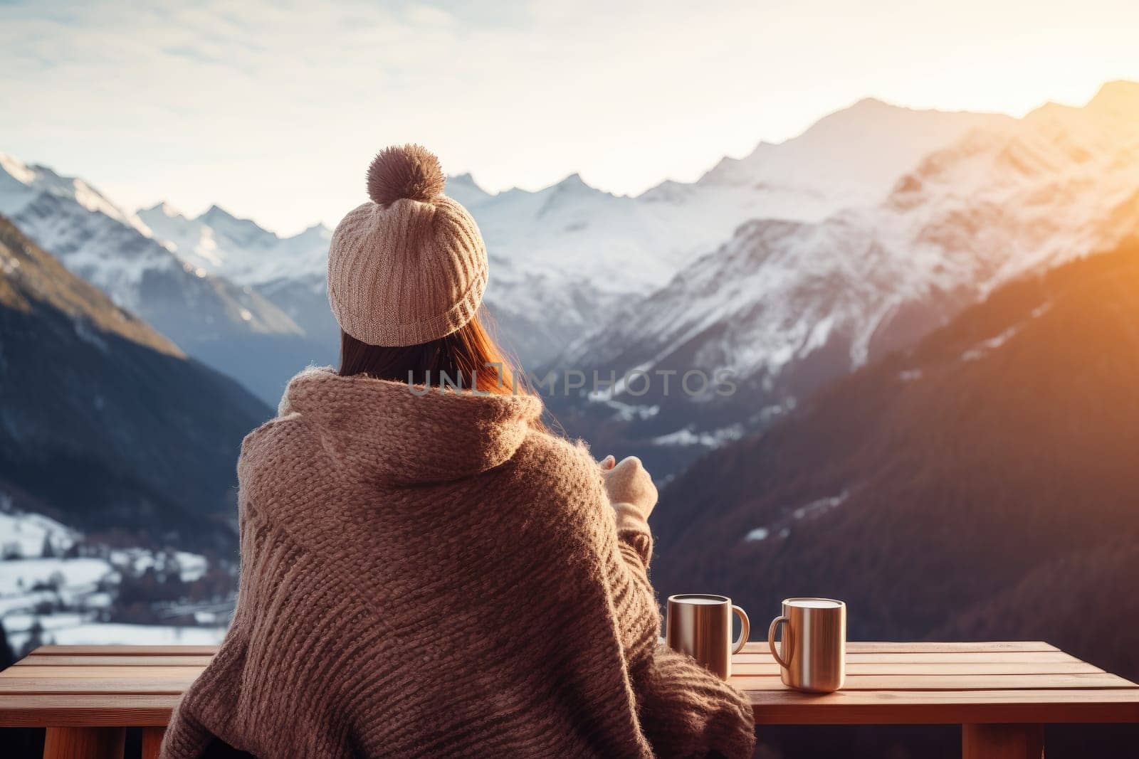 woman on a terrace with the snow mountains view, AI Generative.