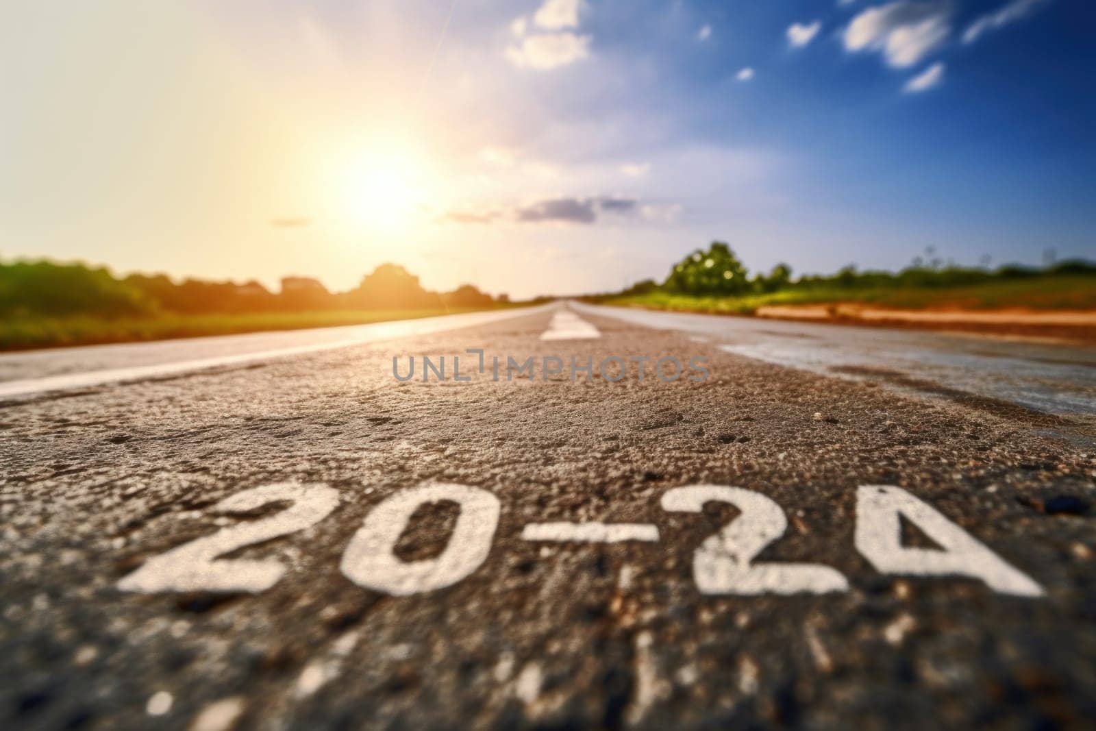 The new year 2024 or straightforward concept. Text 2024 written on the road.