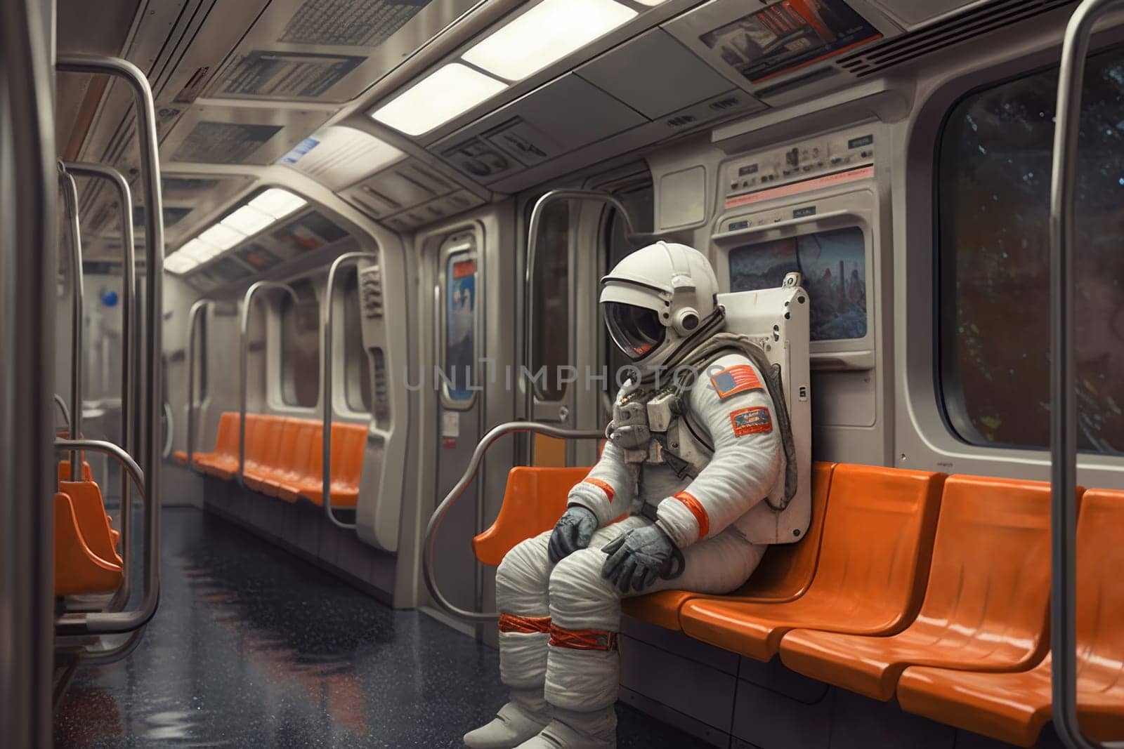 An astronaut in the subway. Astronaut in the urban environment.