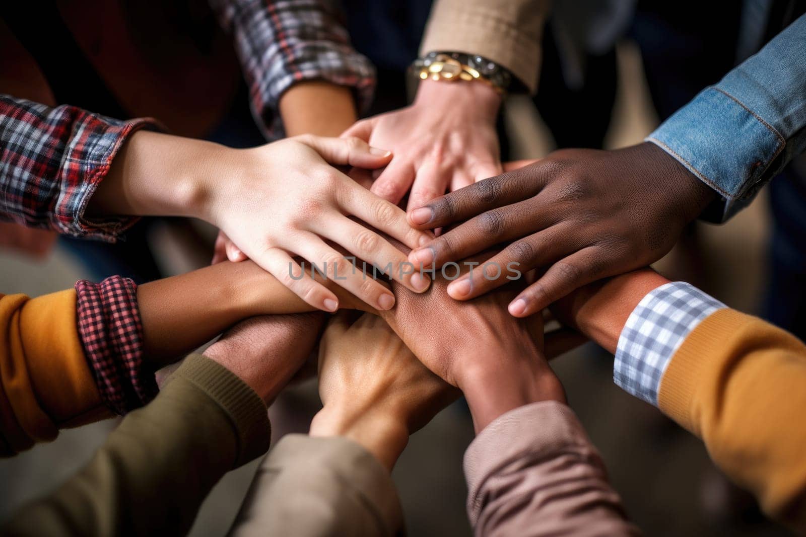 Many hands of different races and ethnicities. United for equality, team work, no room for racism.