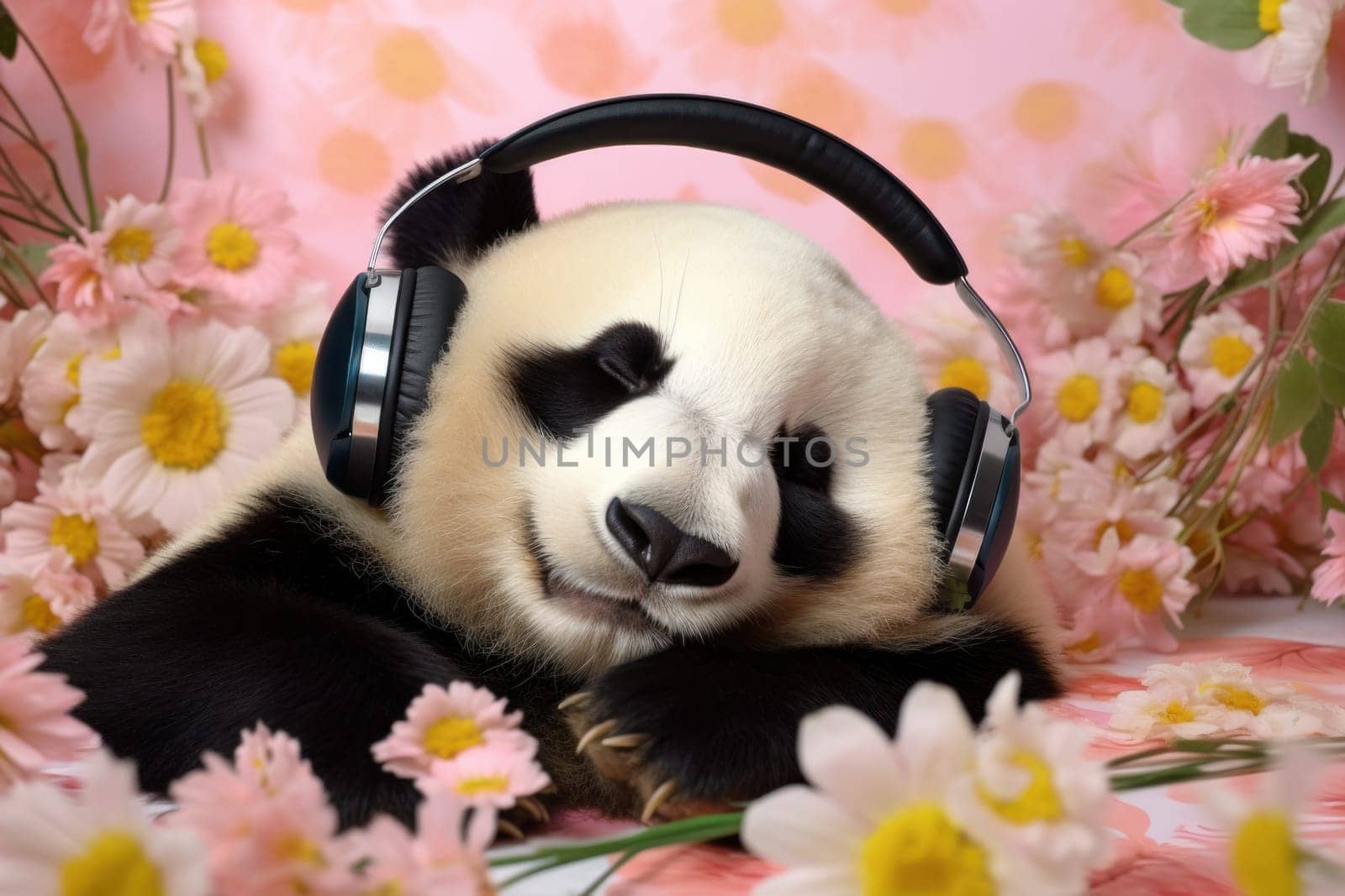 photography of a happy and relaxed big Panda with closed Eyes wearing Headphones, AI Generative.
