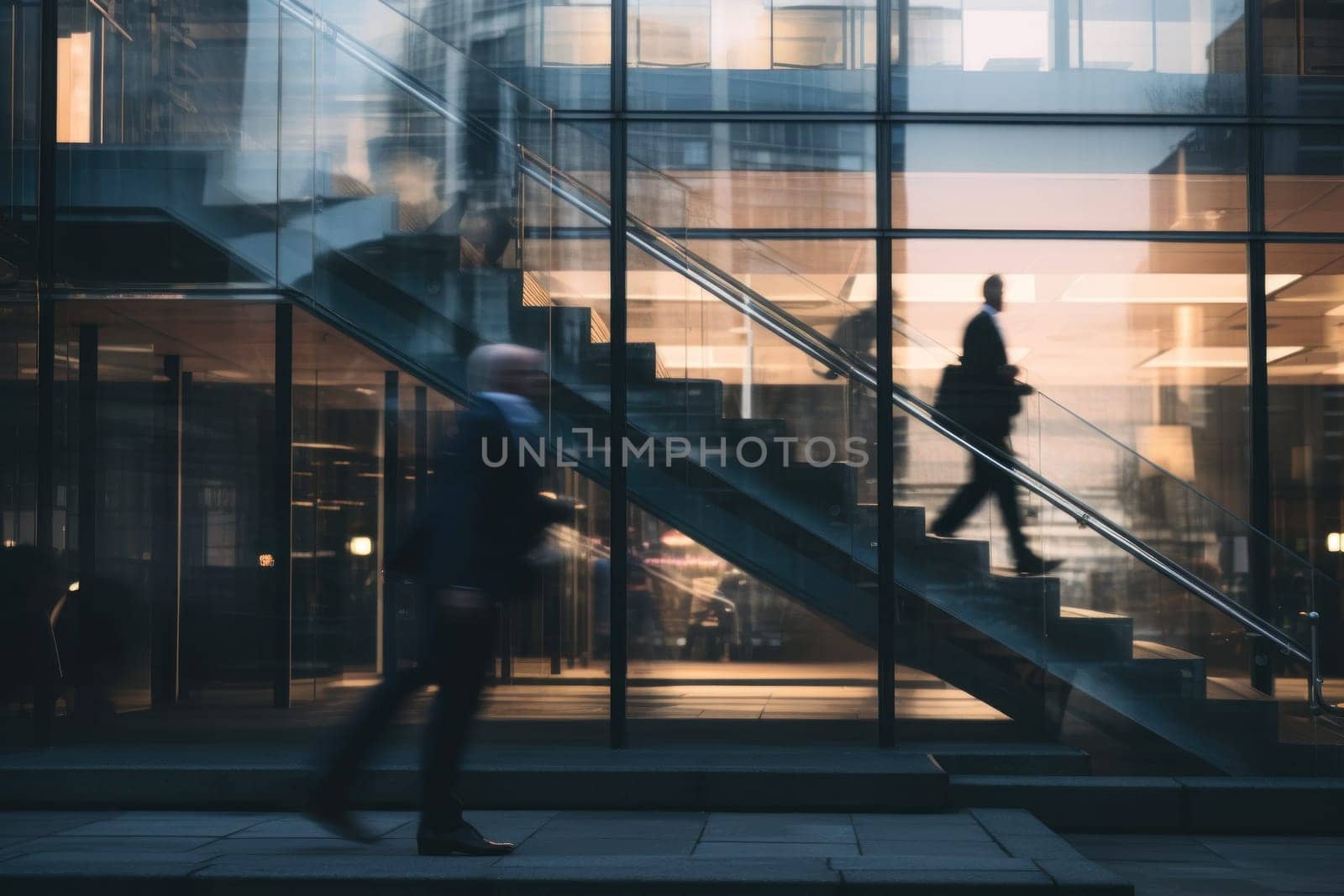 Blurred business people walking up and down stair outside office in fast movement.