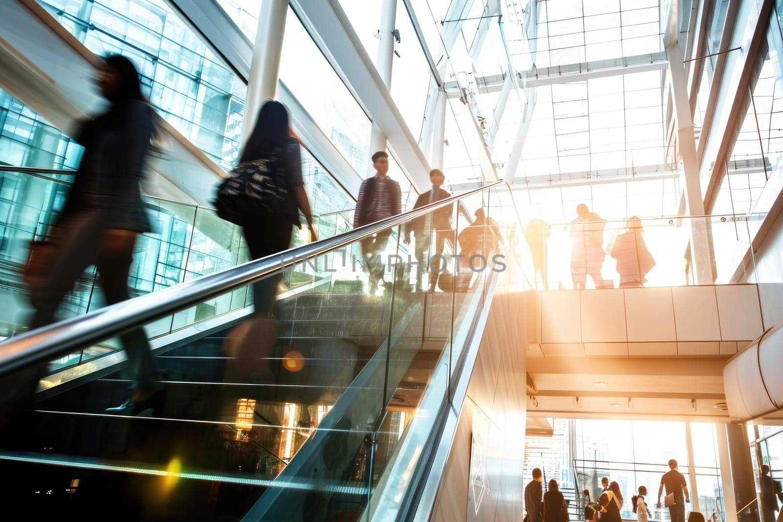 Blurred business people walking up and down stair outside office in fast movement.