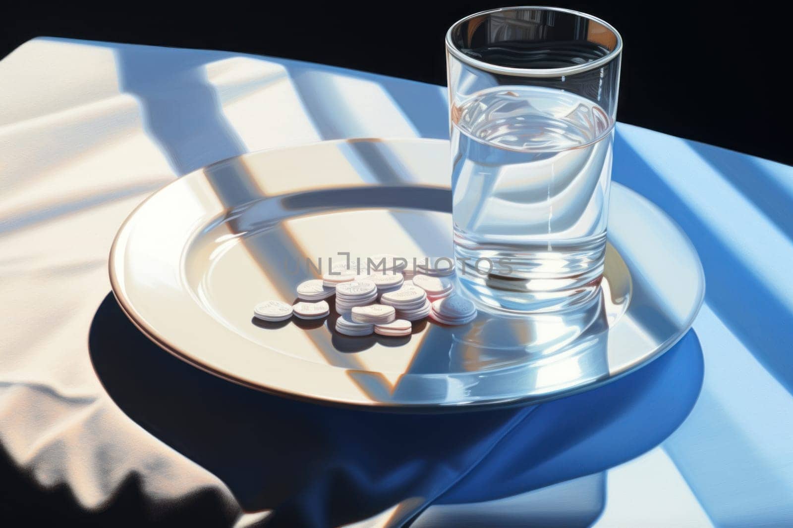 Photo of a medicine pills in a dish and glass of water with condensation.