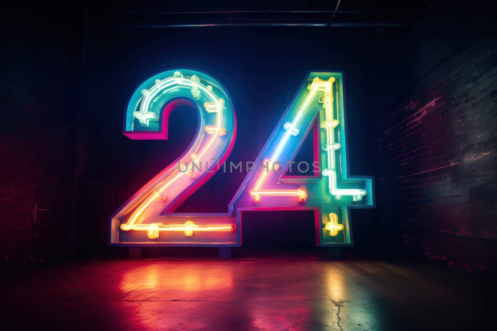 Happy new year 2024 neon light. Colorful design, trendy style, Number 24.