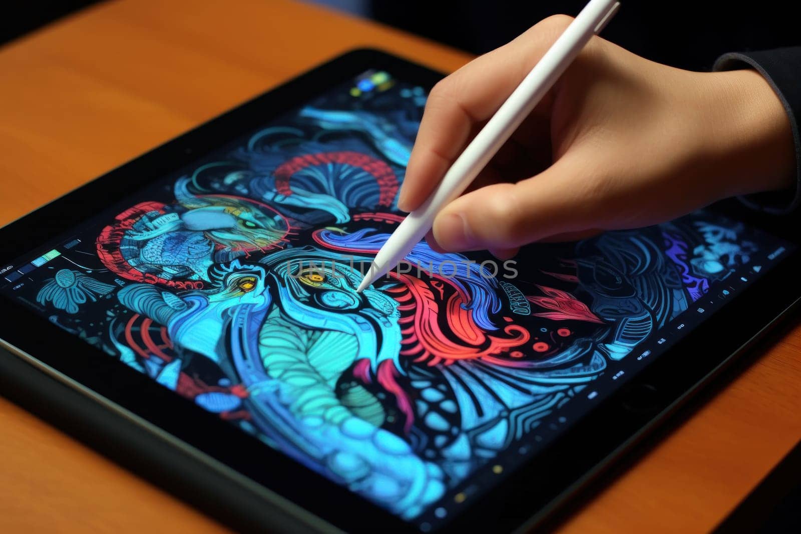 Close up of a Graphic Designer hand drawing on a digital tablet.