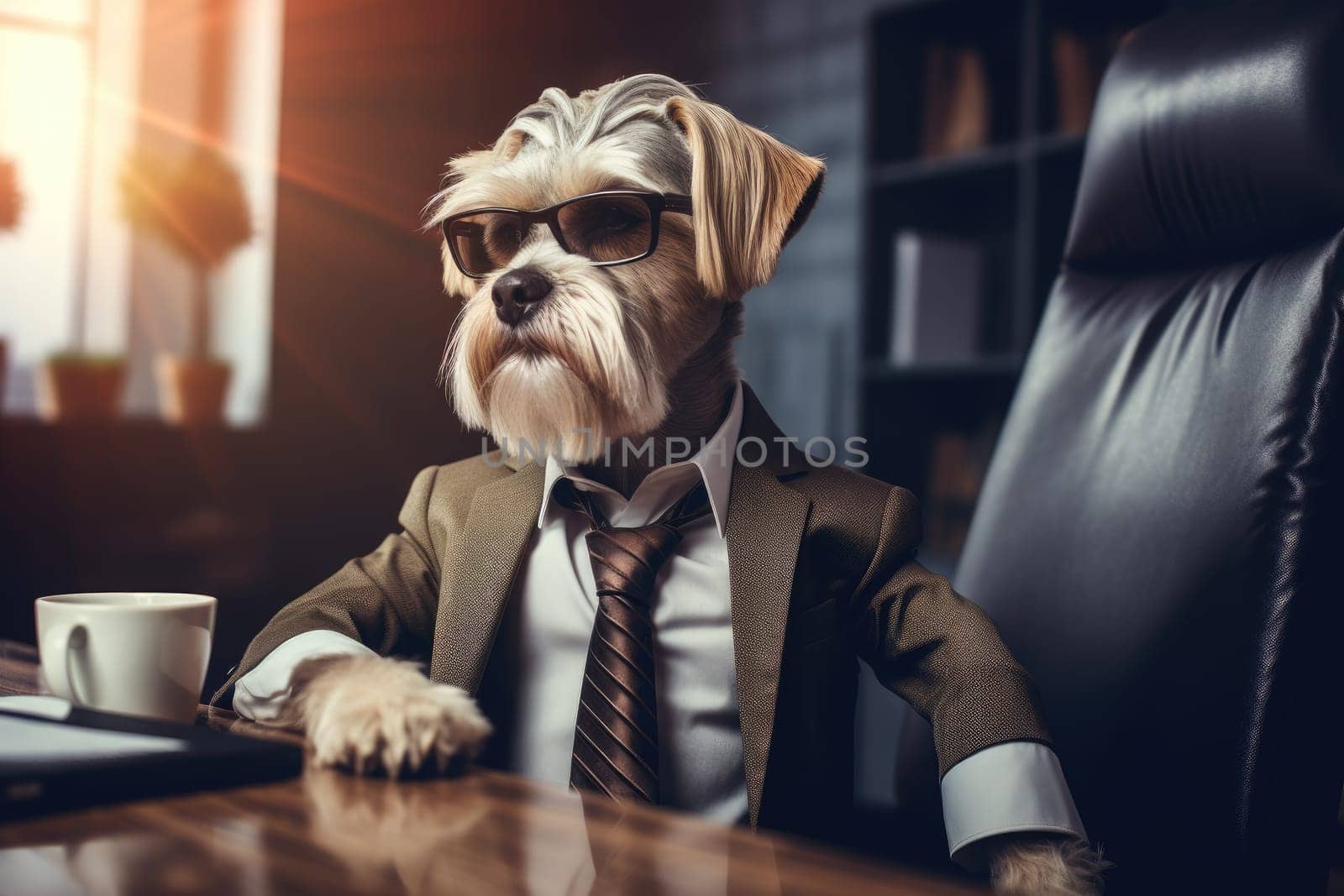 dog in a suit and tie works in the office, animal theme, AI Generative.