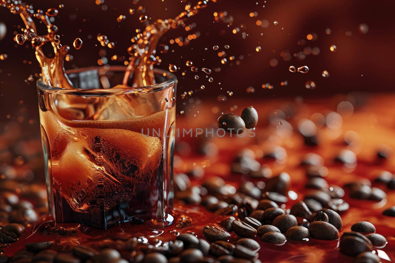 Cold coffee drink with ice, Beans and splash, Close up banner.