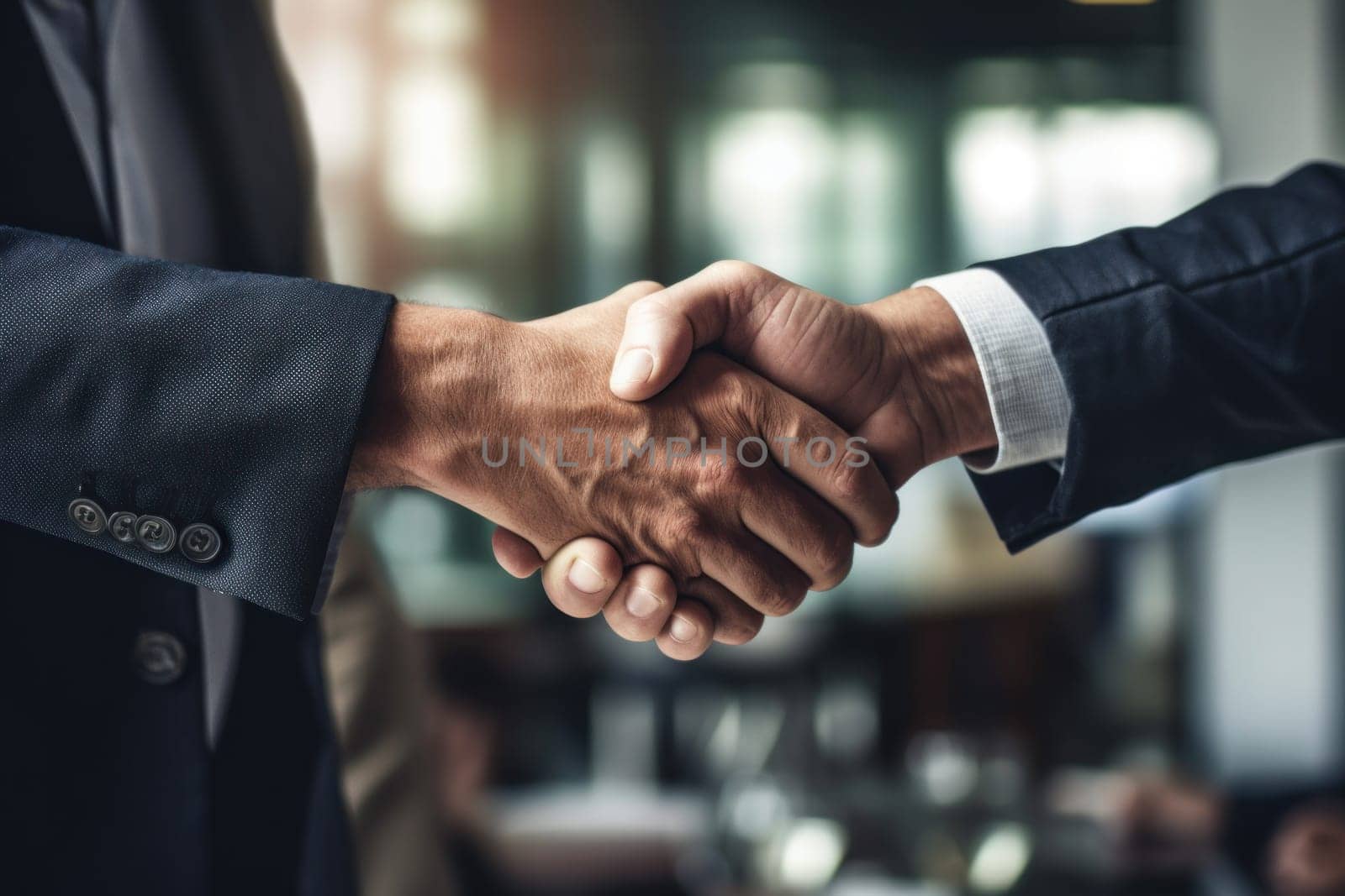 Photo of Businessman shaking hands in workroom.