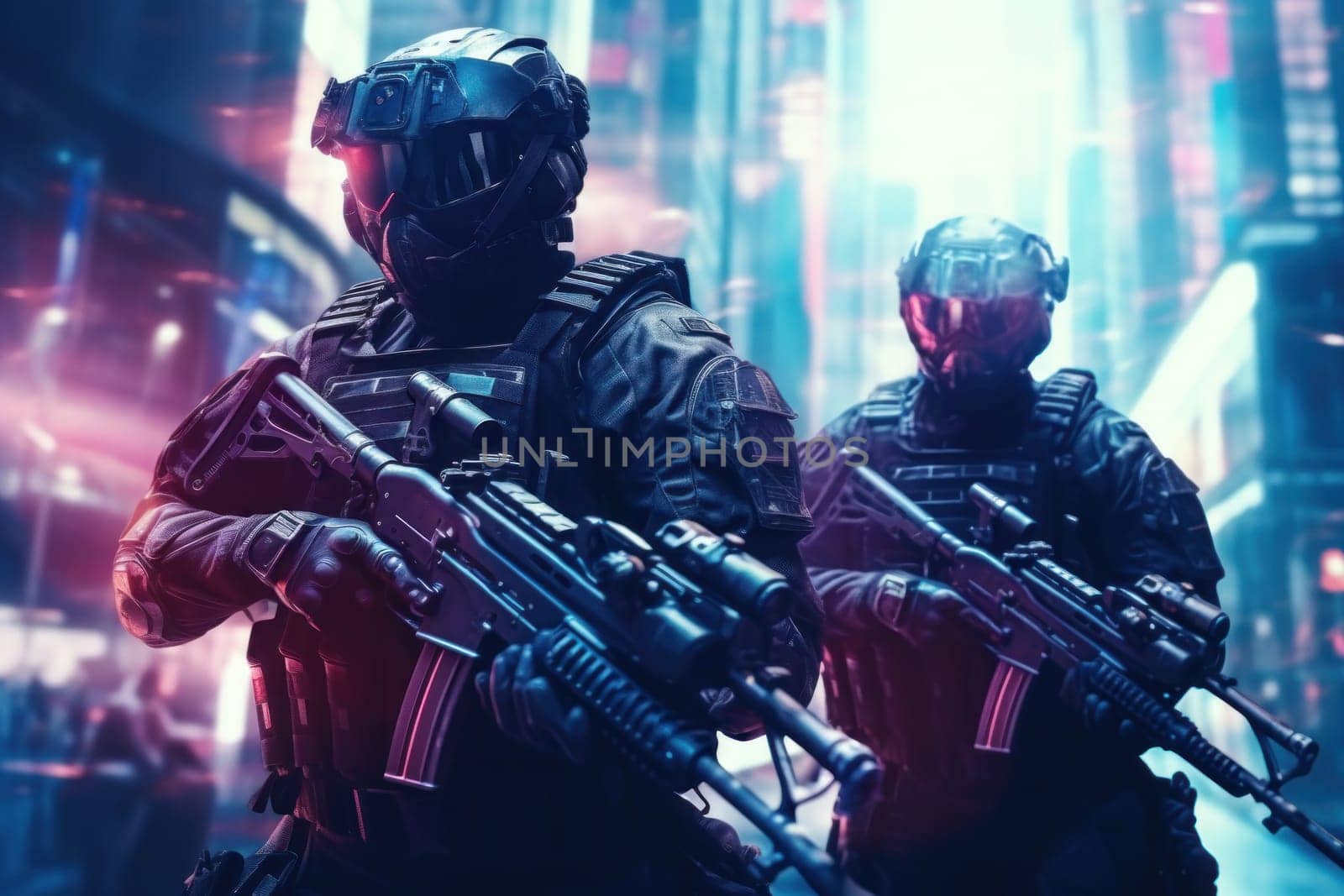Futuristic special force soldiers, Cyberpunk warrior portrait in neon light background.