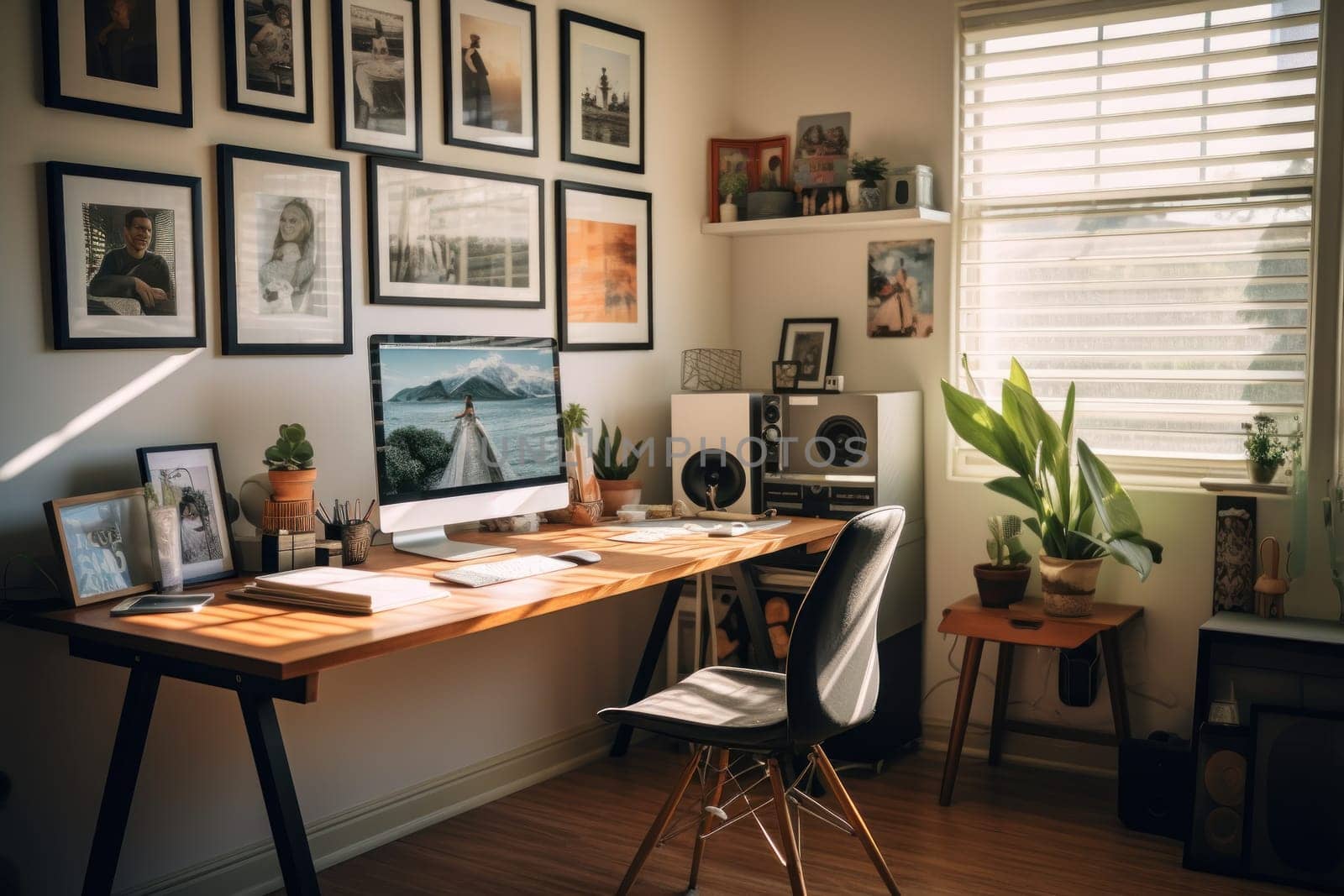 A modern work space desk with a computer Generative AI.