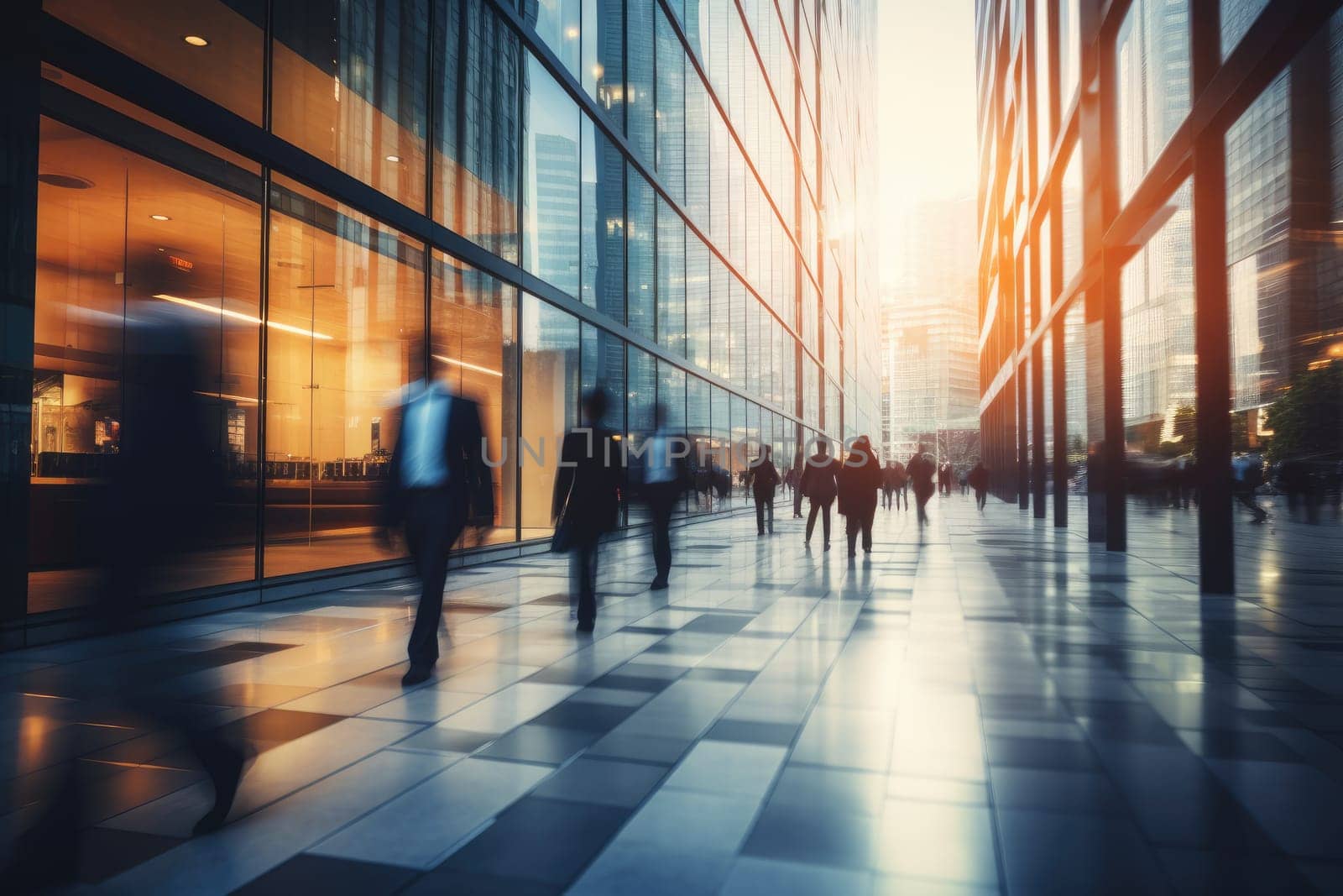 Blurred image of an office hallway with many business people walking in opposite directions.
