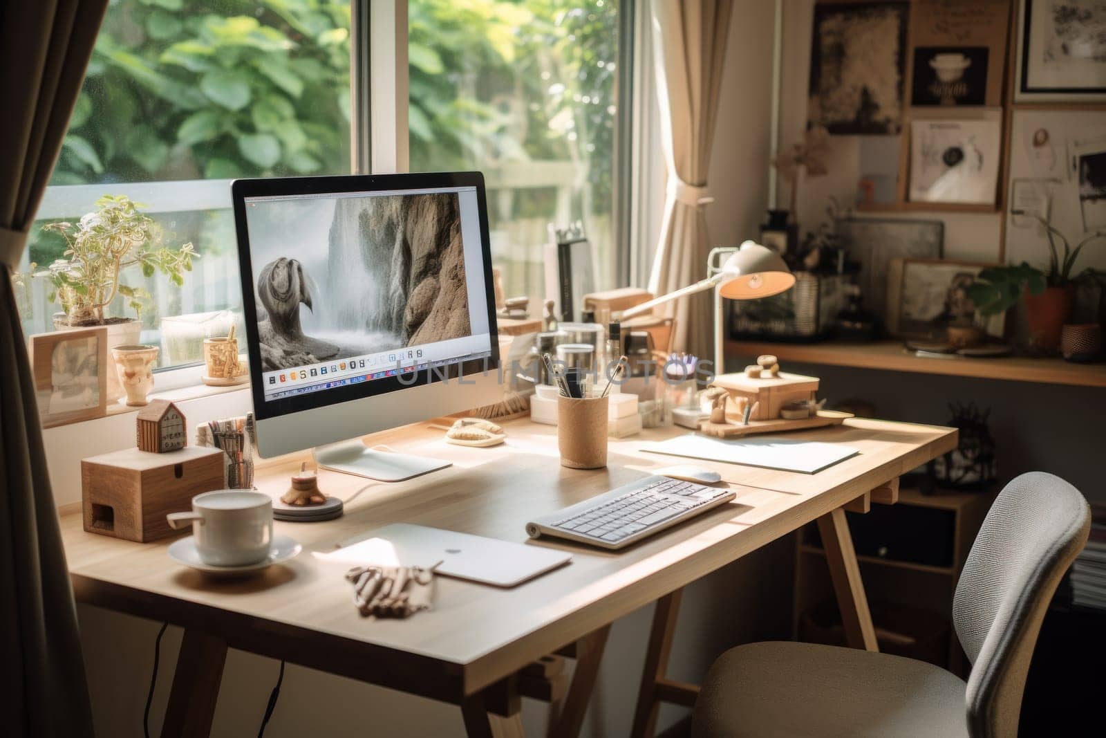 A modern work space desk with a computer Generative AI.