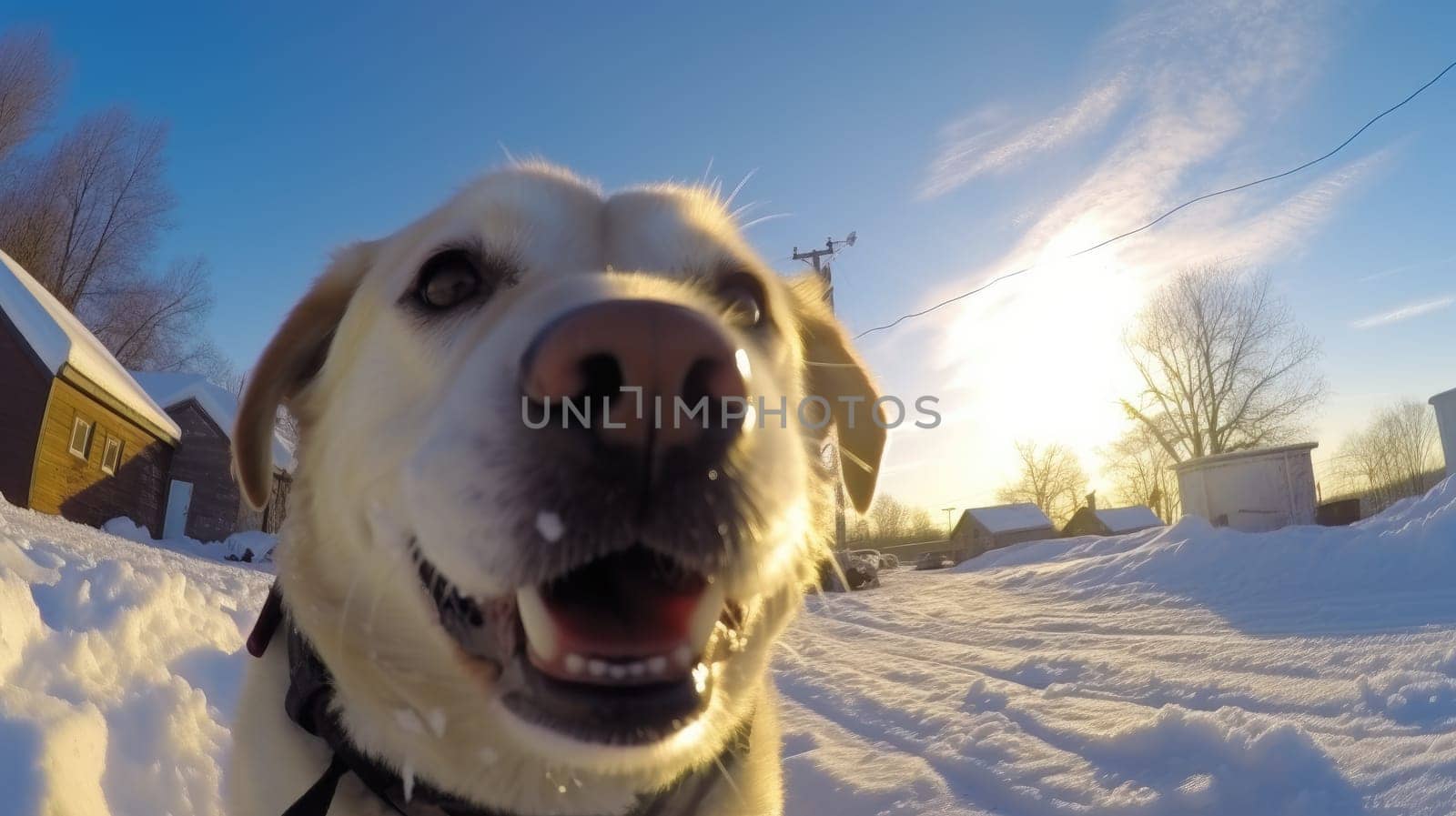 Fisheye portrait of dog on snow covered field, AI Generative by nijieimu