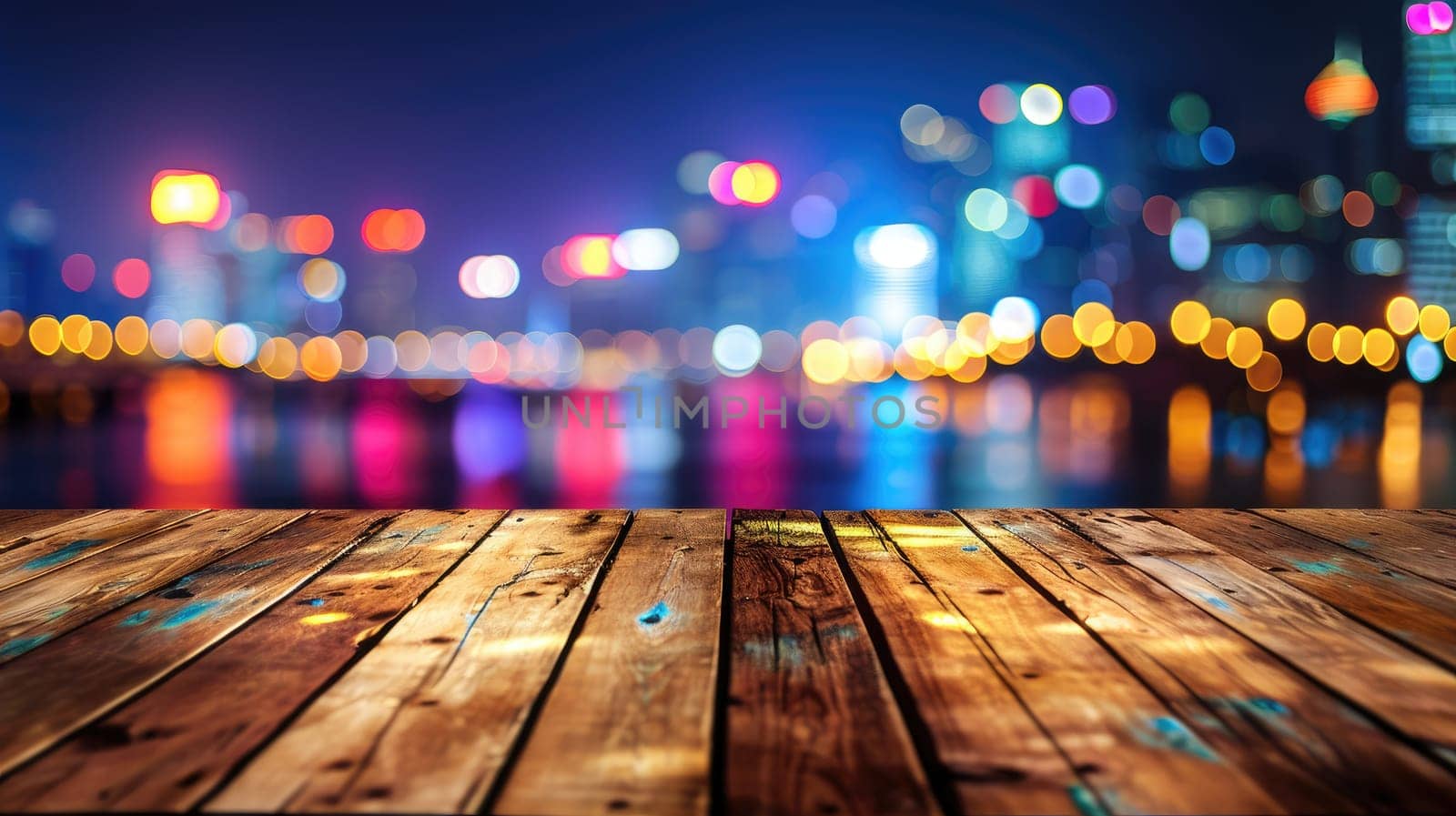 Blank wood tabletop with blurred night city skyline and river, showcase, nightlife,.