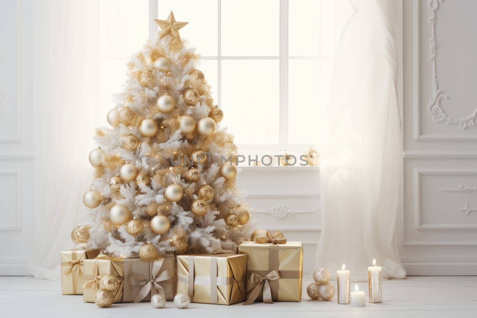 Beautiful Christmas tree in decorated living room. Festive interior.