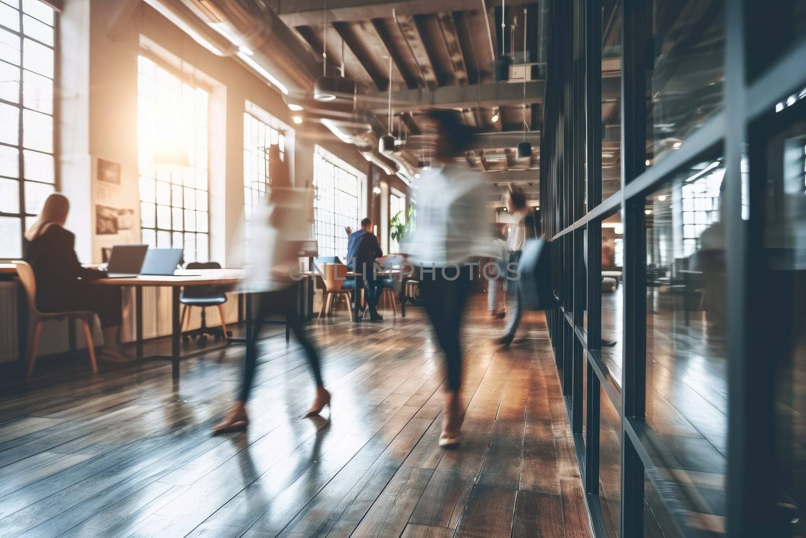 motion blur image of business people crowd walking at corporate office.