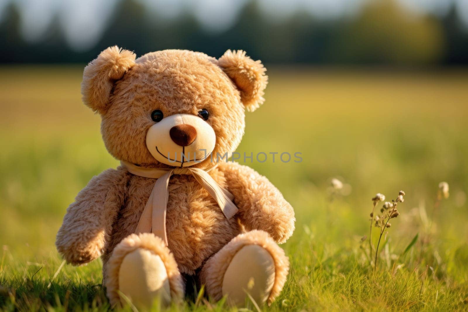 Photo of teddy bear wearing a cheerful smile.