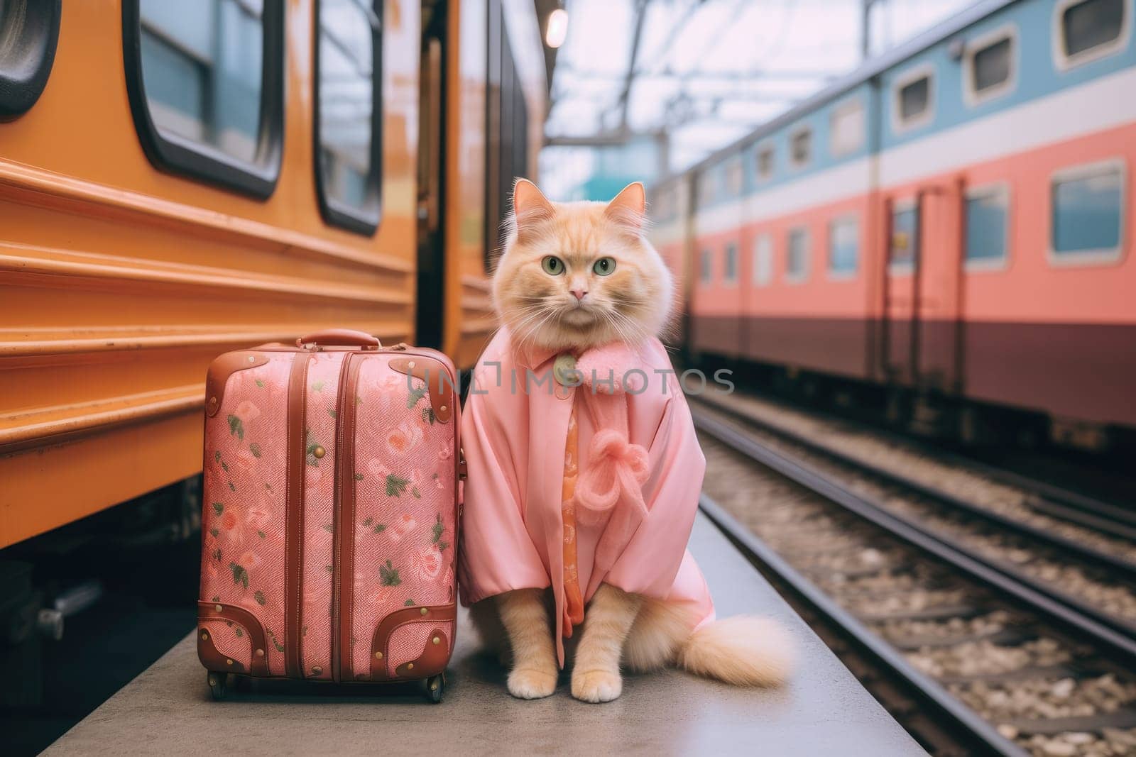 Funny cat going on vacation, cat travel concept, AI Generative.